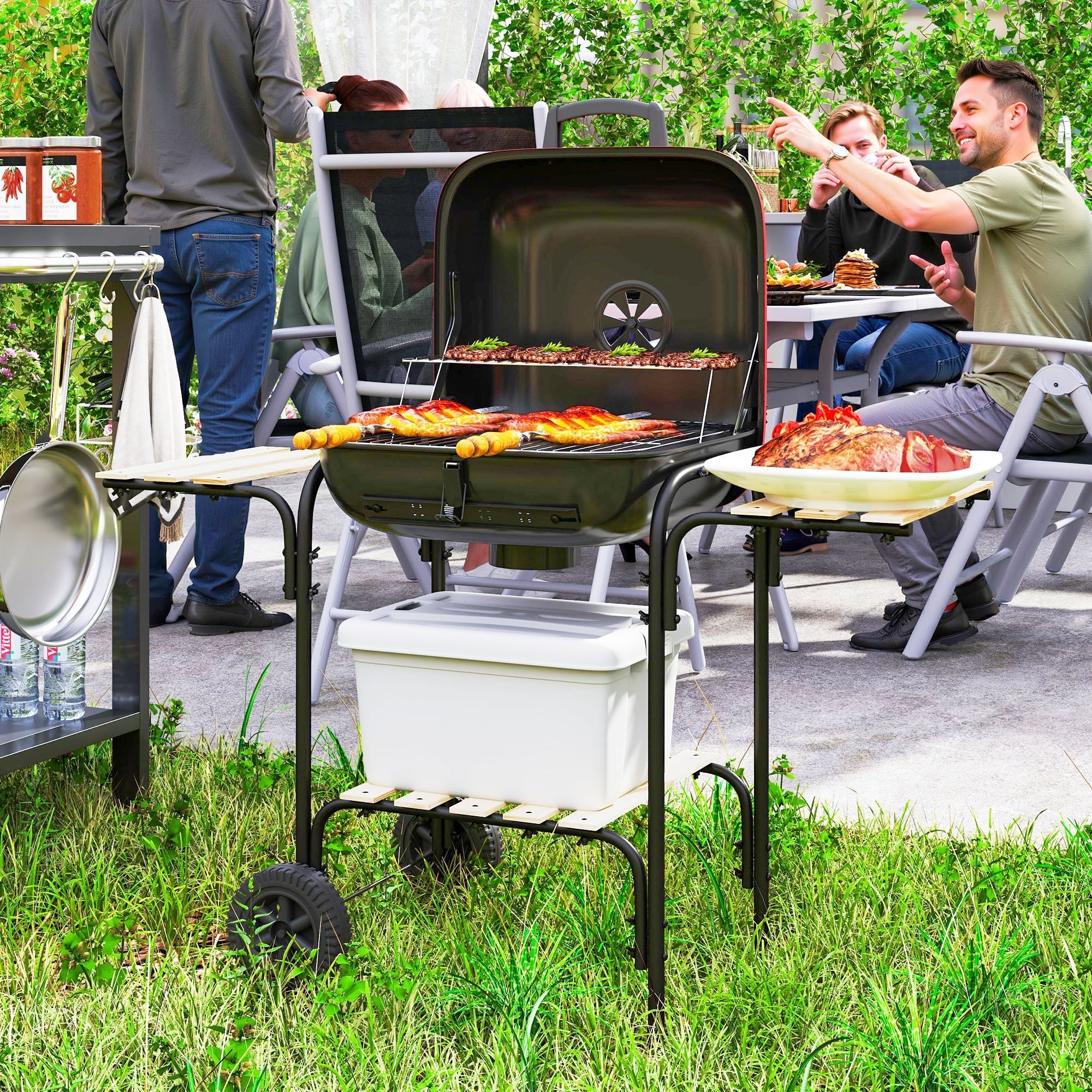 Outsunny Charcoal Barbecue Grill Portable BBQ Grill with 1840 cm√Ç¬≤ Cooking Area, 3 Shelves, Adjustable Vent, Lockable Lid, Wheels for Outdoor Cooking, Garden Party, Red