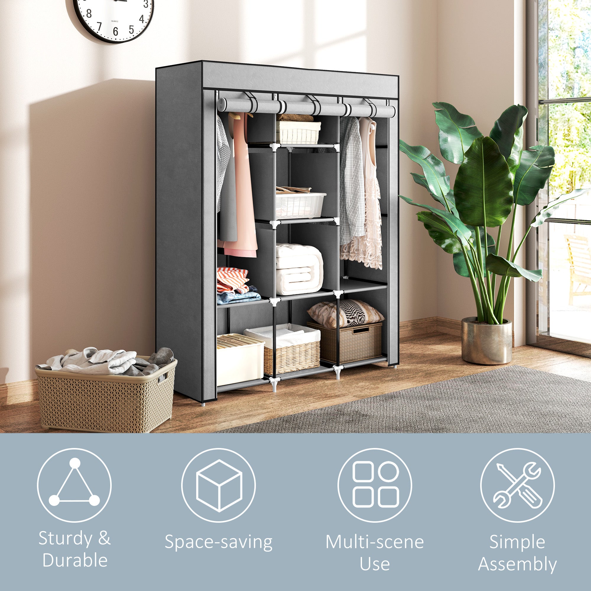 HOMCOM Fabric Wardrobe, with Rails and Shelves - Light Grey