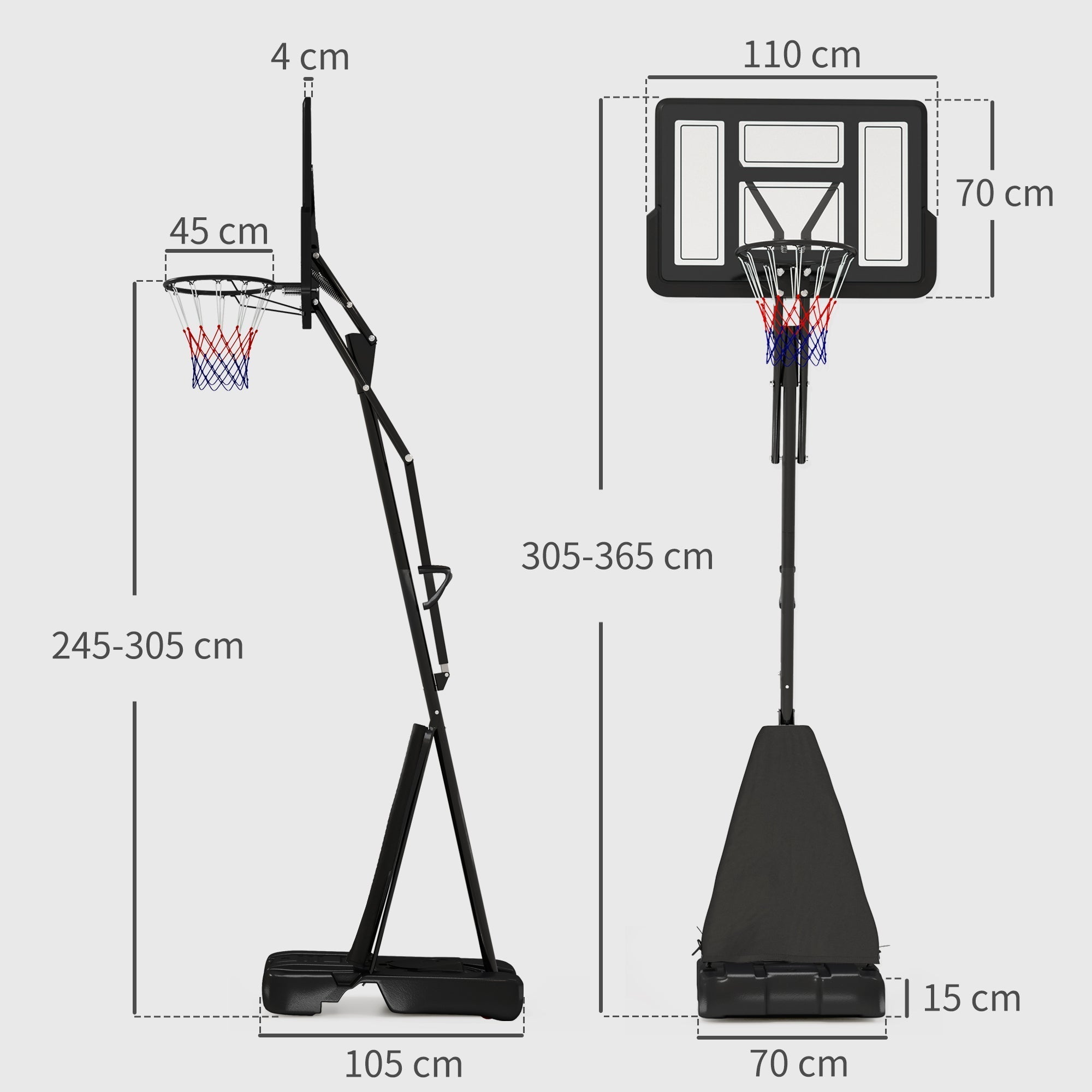 SPORTNOW 245-305cm Adjustable Basketball Hoop and Stand, with Wheels, Black
