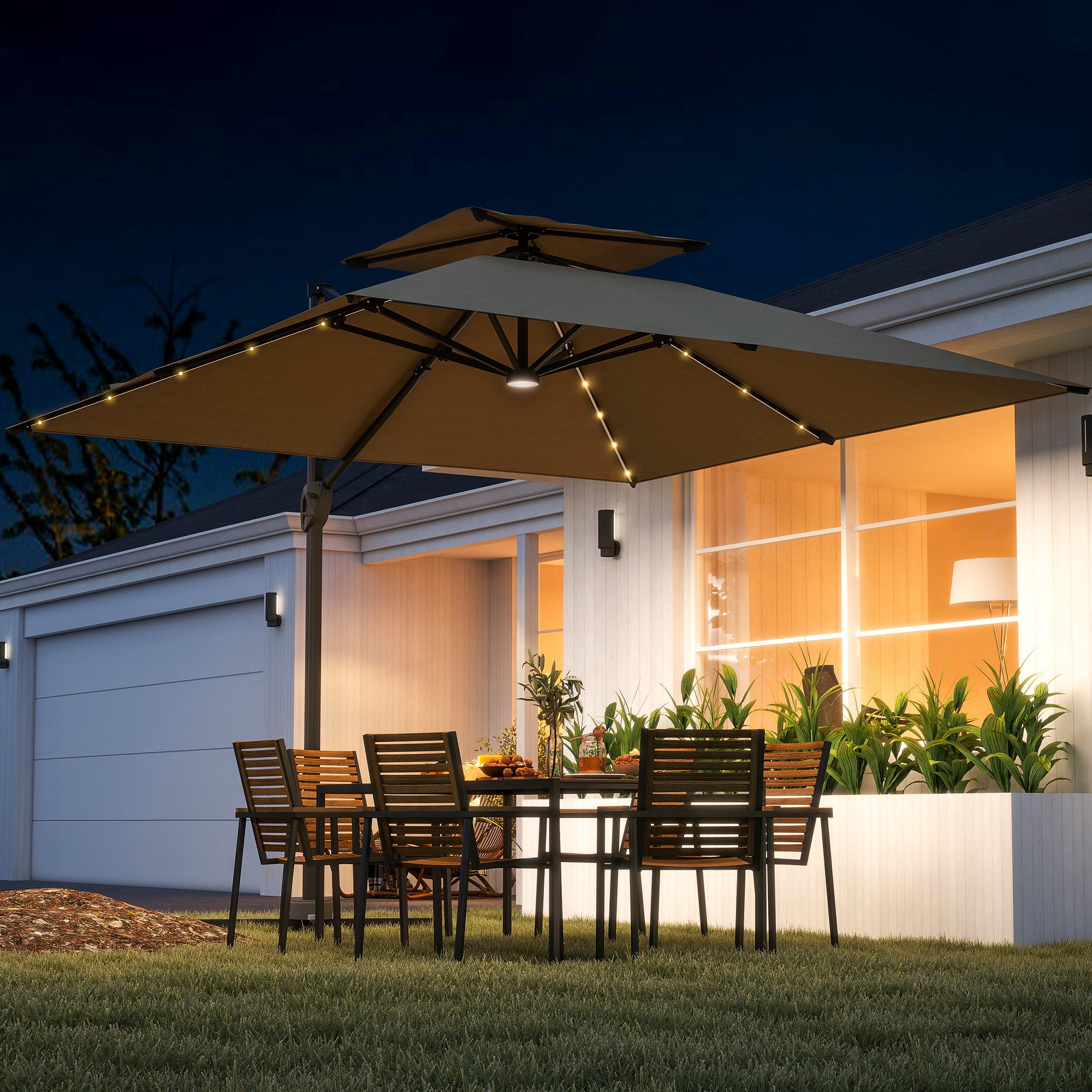 Outsunny Multi-Angle LED Light Parasol Umbrella - Khaki