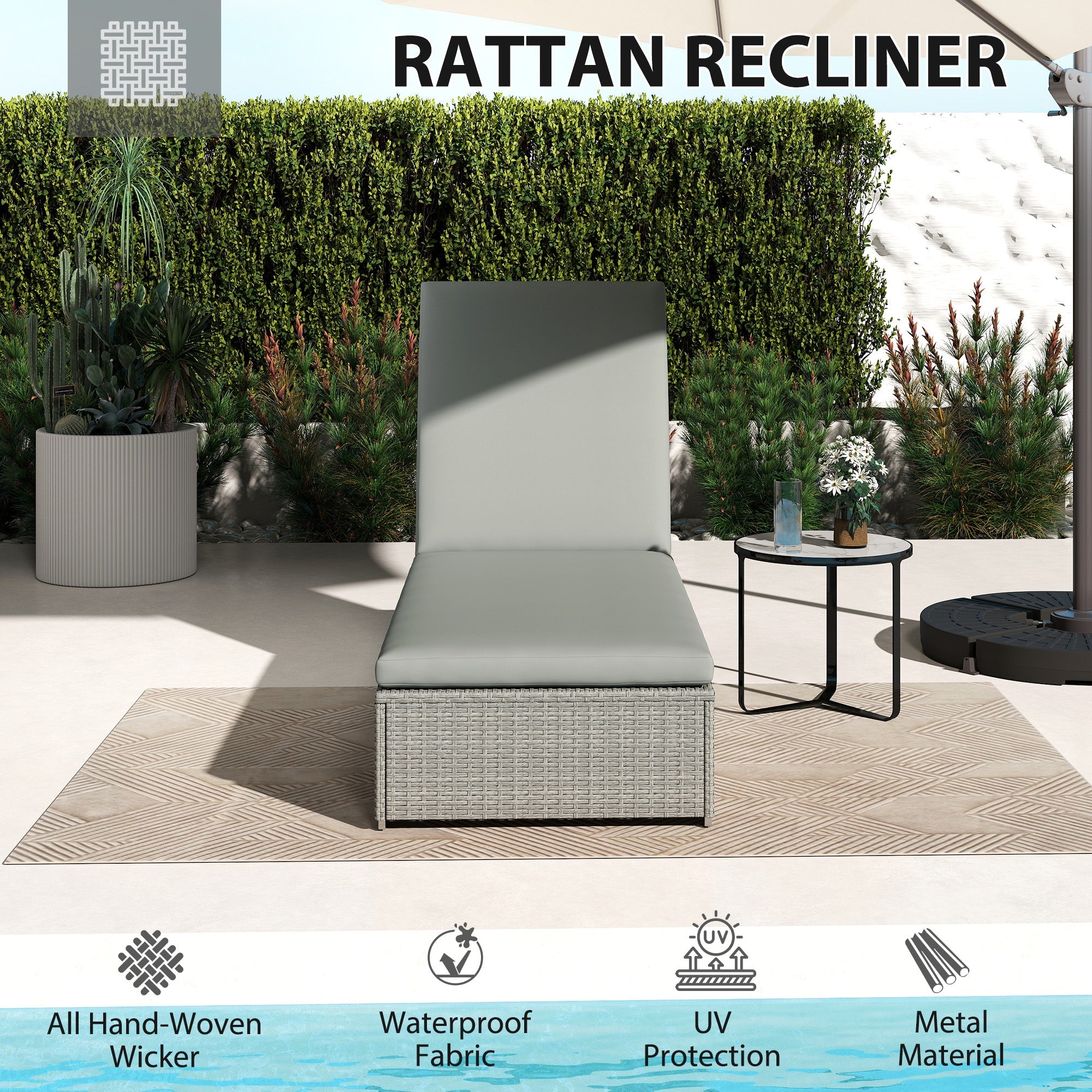 Outsunny Rattan Sun Lounger, Five-Position Reclining Garden Lounger Bed with Cushion, Light Grey