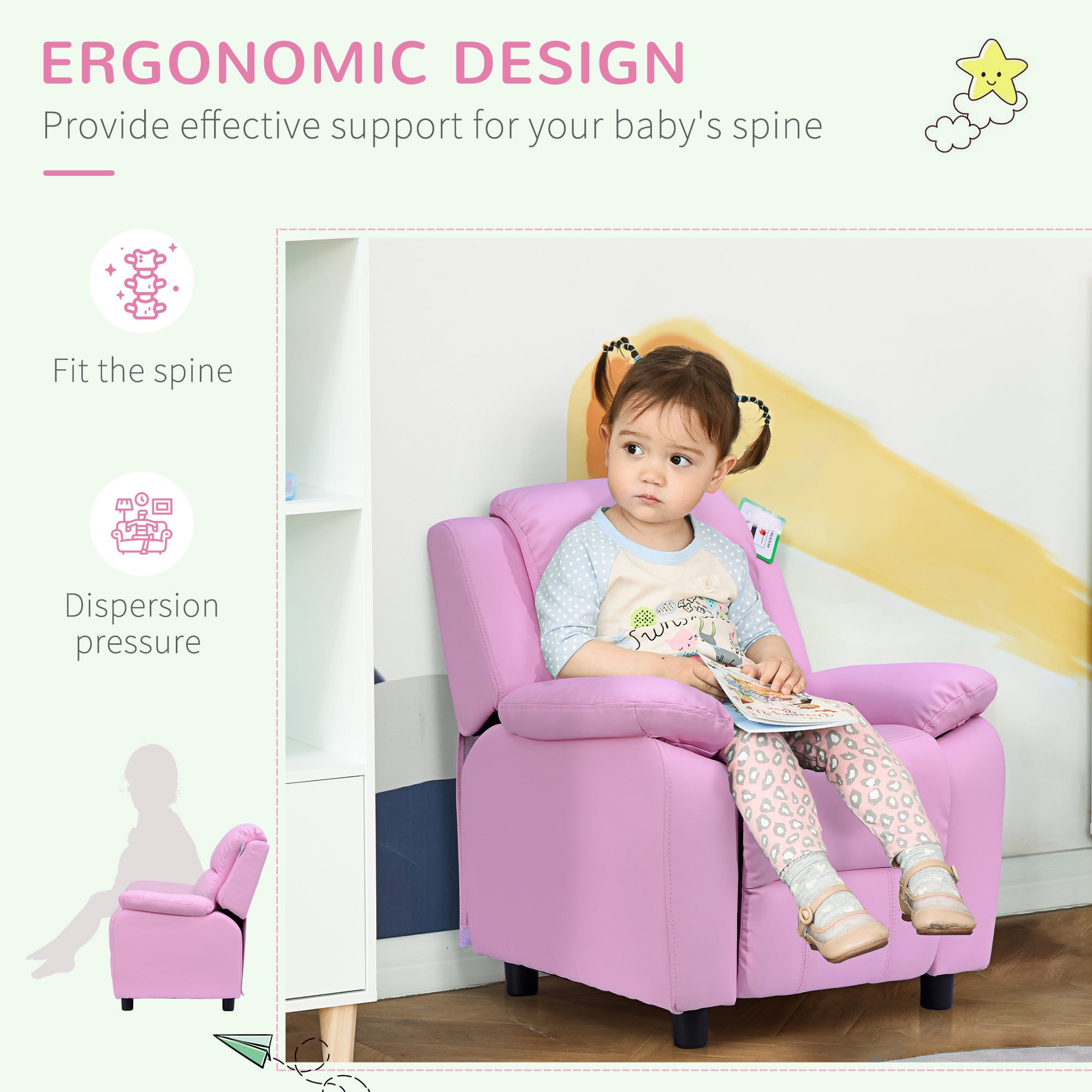 HOMCOM Kids Sofa Armchair Toddler Recliner Children's Chair Lounger Games Chair PU Leather w/ Storage (Pink)