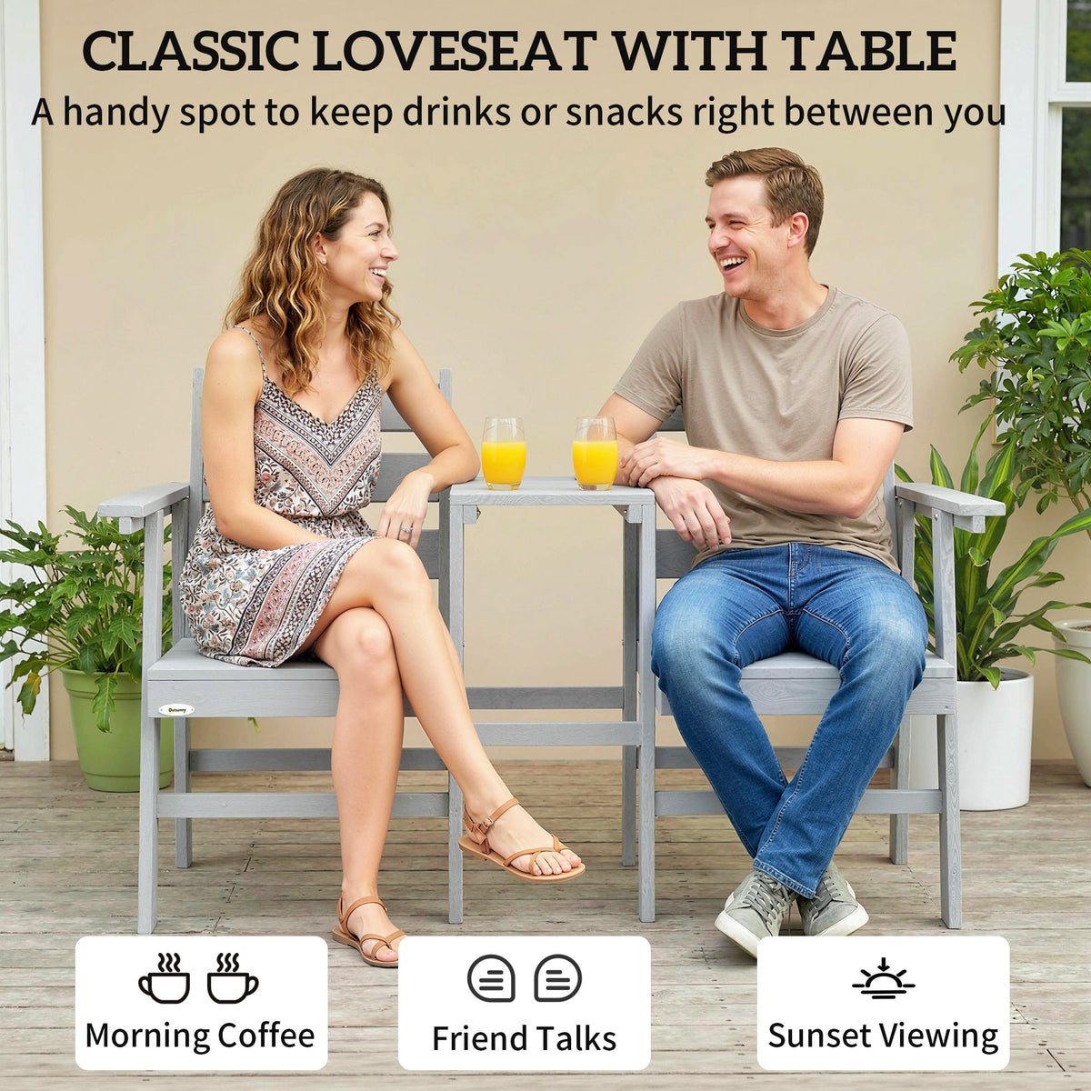 Outsunny Outdoor Garden Loveseat, Embossed Wooden Jack and Jill Garden Seat with Integrated Table, Grey