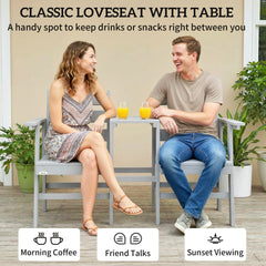 Outsunny Outdoor Garden Loveseat, Embossed Wooden Jack and Jill Garden Seat with Integrated Table, Grey