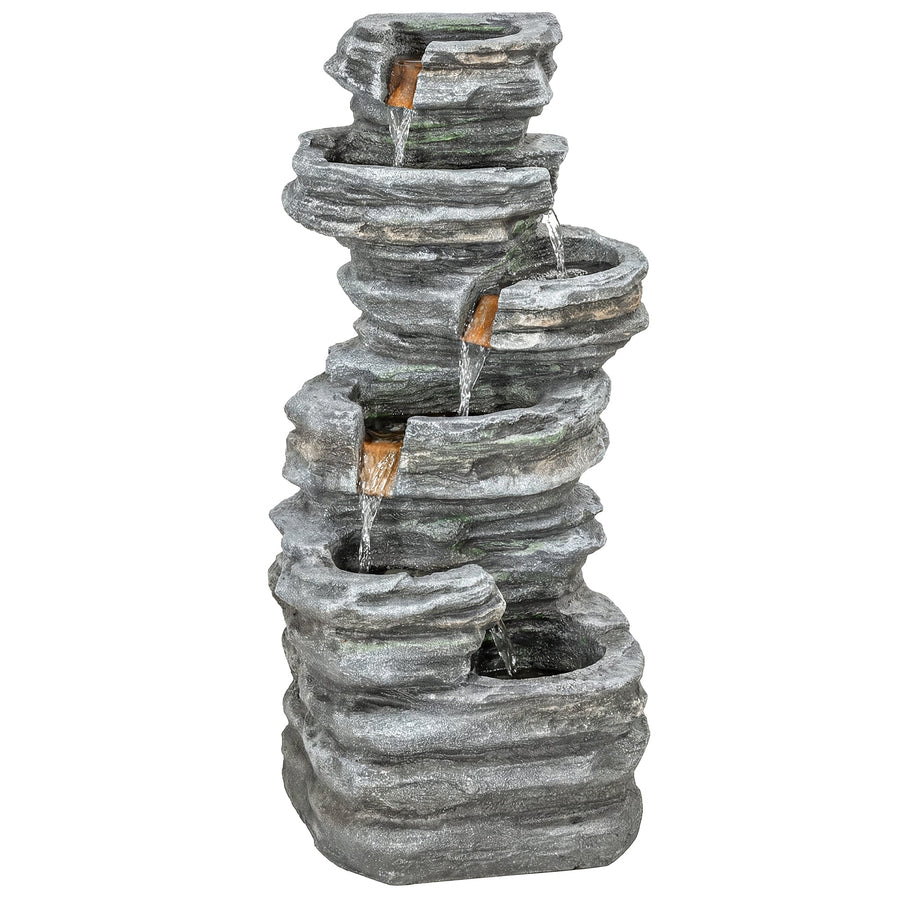 Outsunny Outdoor Fountain, 6-Tier Cascading Waterfall Feature with LED Lights, Resin Freestanding Garden Fountain, Grey