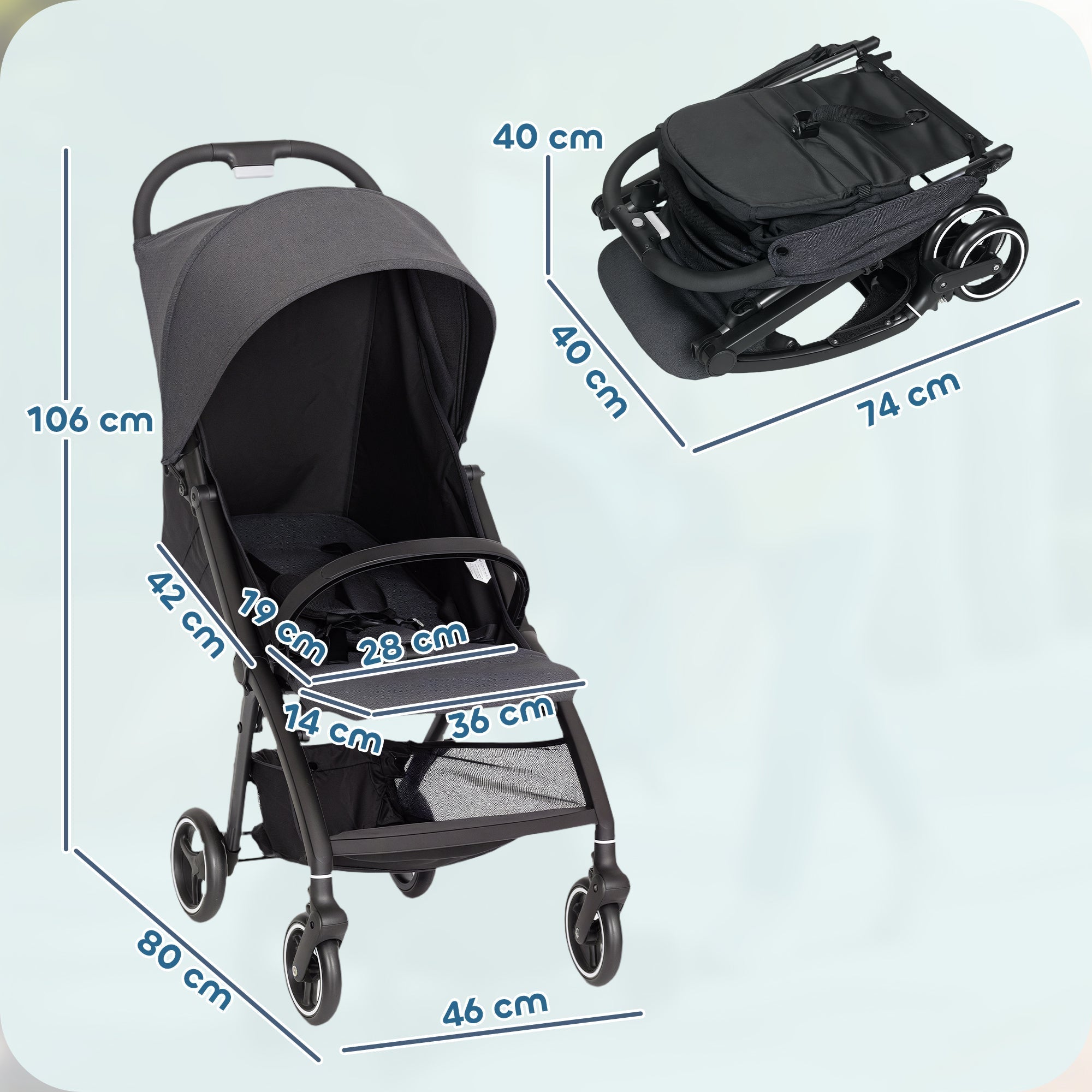 AIYAPLAY Travel Stroller, Lightweight Pushchair, Compact Buggy with Canopy, Basket and Multi-Position Recline, Dark Grey