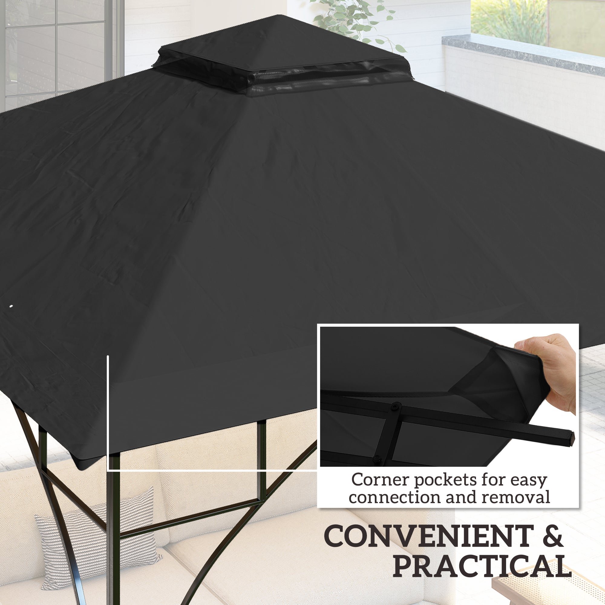 Outsunny 3x3(m) Replacement Gazebo Canopy, Double Tier Roof Top for Garden, Patio, Outdoor, Black (TOP ONLY)