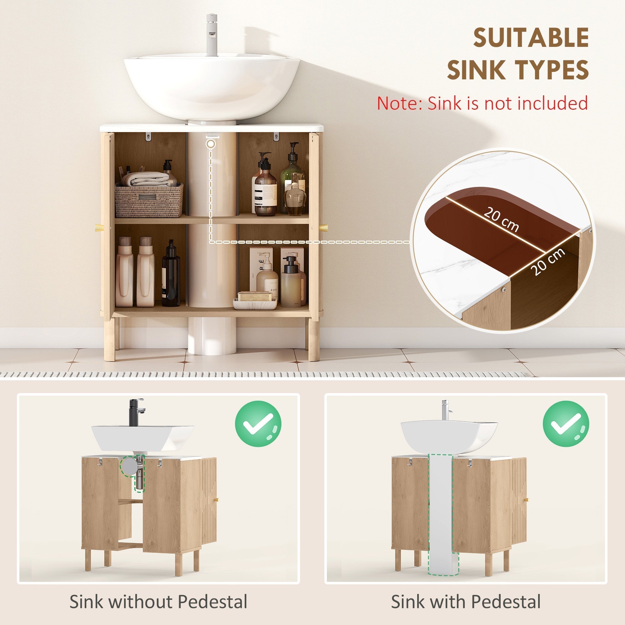 HOMCOM Under Sink Bathroom Cabinet for Basin without or with Pedestal - Oak