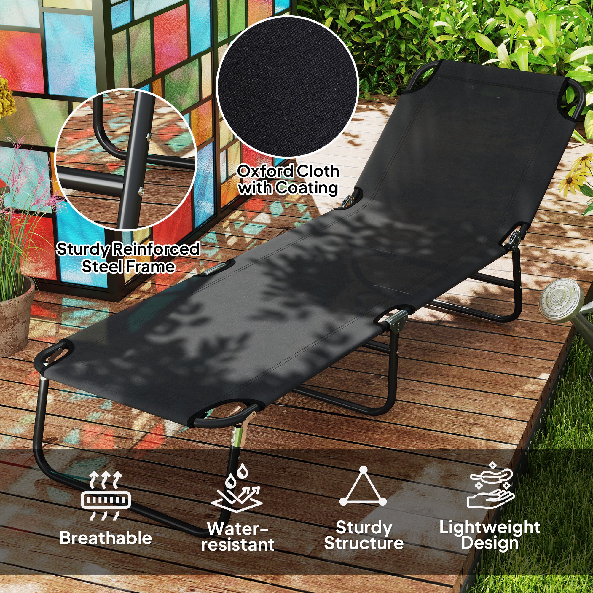 Outsunny Garden Sun Lounger, with Five-Position Back - Black