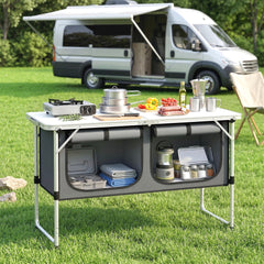 Outsunny Camping Cupboards Folding Portable Aluminium Camp Cook Station with Storage Cupboard for Outdoor BBQ