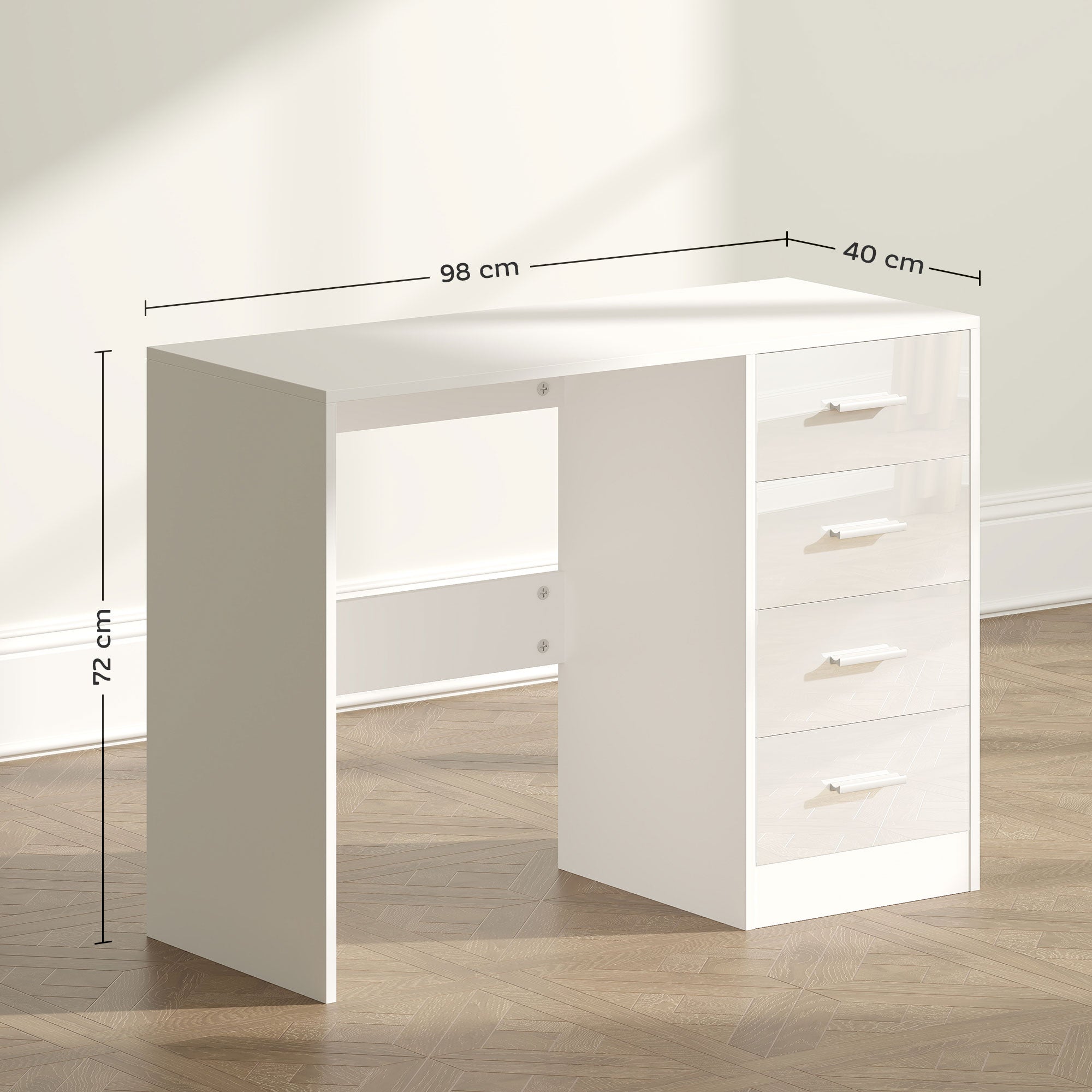 HOMCOM Computer Desk with Drawers, Dressing Table, High Gloss Home Office Writing Workstation, White