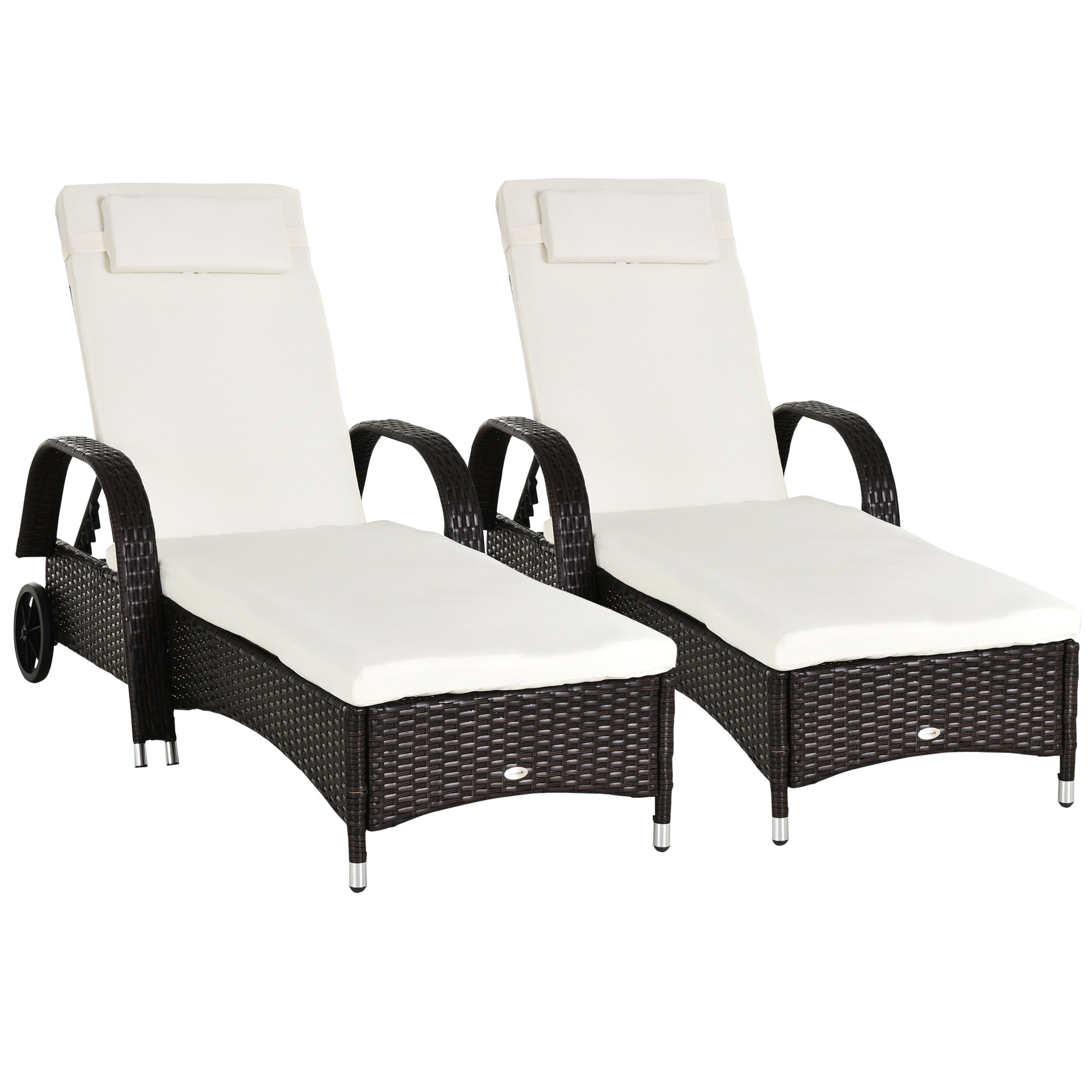 Outsunny 2PC Rattan Sun Lounger Recliner Bed Reclining Chair Patio Garden Outdoor Wicker Weave Adjustable Headrest with Fire Retardant Cushion √¢‚Ç¨‚Äú Brown