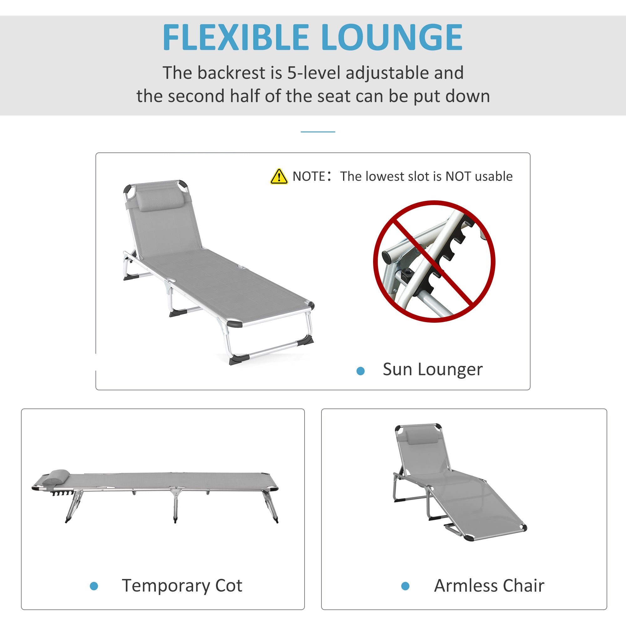 Outsunny Foldable Outdoor Sun Lounger Set of 2, Reclining Lounge Chair Camping Bed Cot with Pillow 4-Level Adjustable Back Aluminium Frame, Light Grey