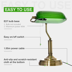 HOMCOM Banker's Table Lamps Set of 2, Desk Lamps with Antique Bronze Tone Base, Green Glass Shade and Pull Rope Switch for Home Office, Living Room, Bedroom, Dining Room, Green