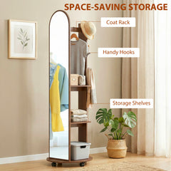 HOMCOM 2-in-1 Full Length Mirror with Storage Shelves, Floor Mirror with 4 Wheels, Coat Rack, Hooks, Brown Wood Effect