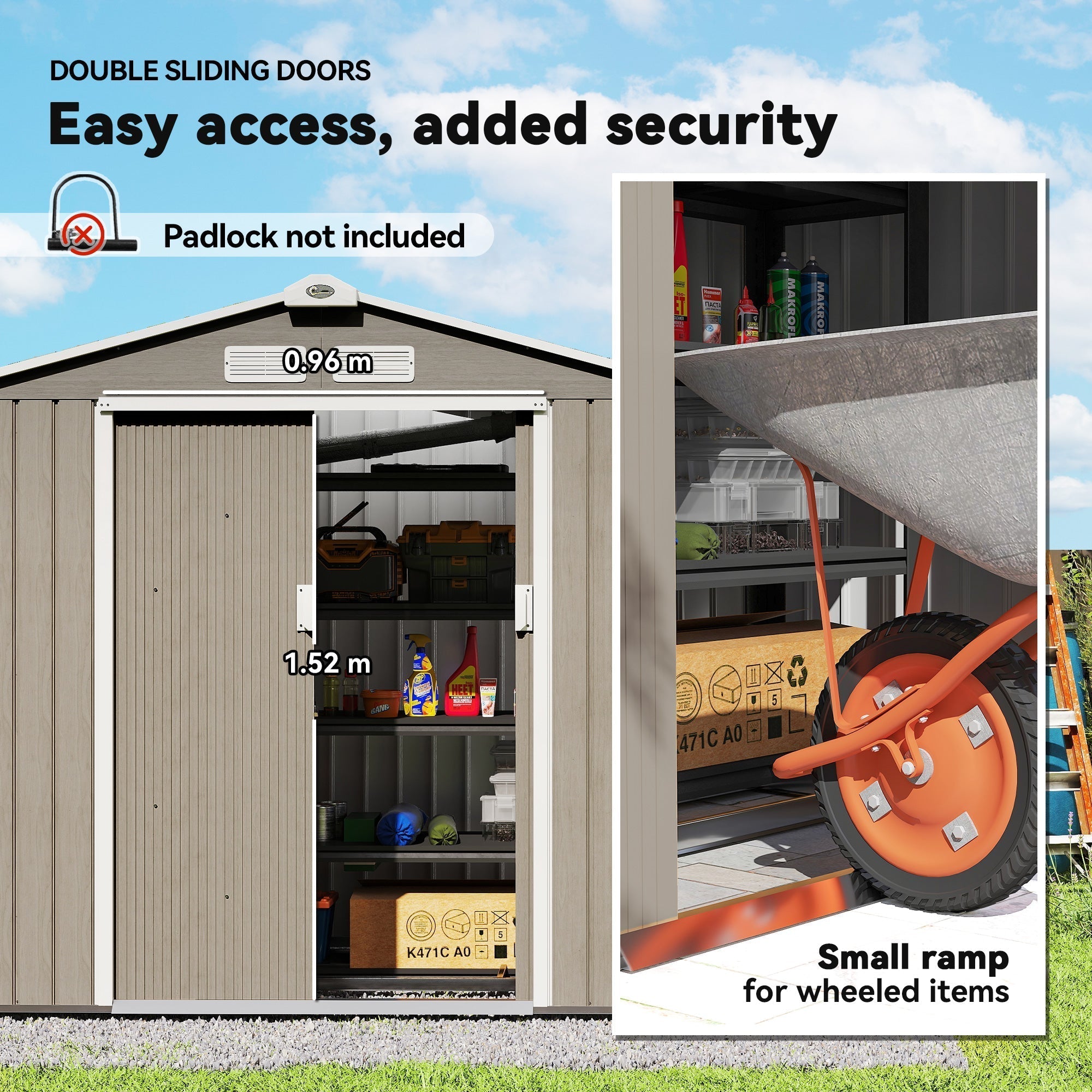 Outsunny 7 x 4ft Metal Garden Storage Shed with Vents, Floor Foundation Kit and Lockable Double Doors, Light Brown