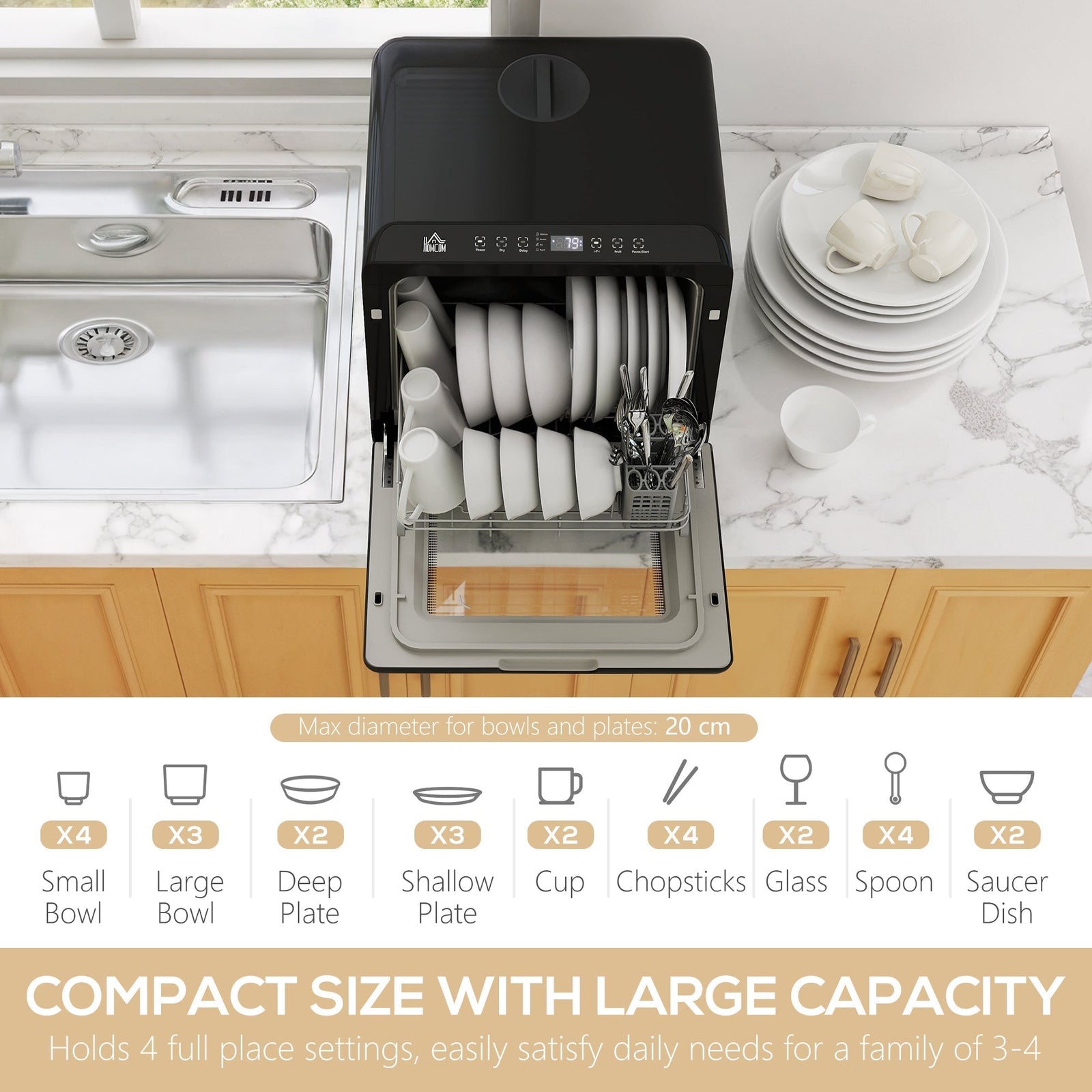 HOMCOM 6L Five-Mode Tabletop Dishwasher - Black