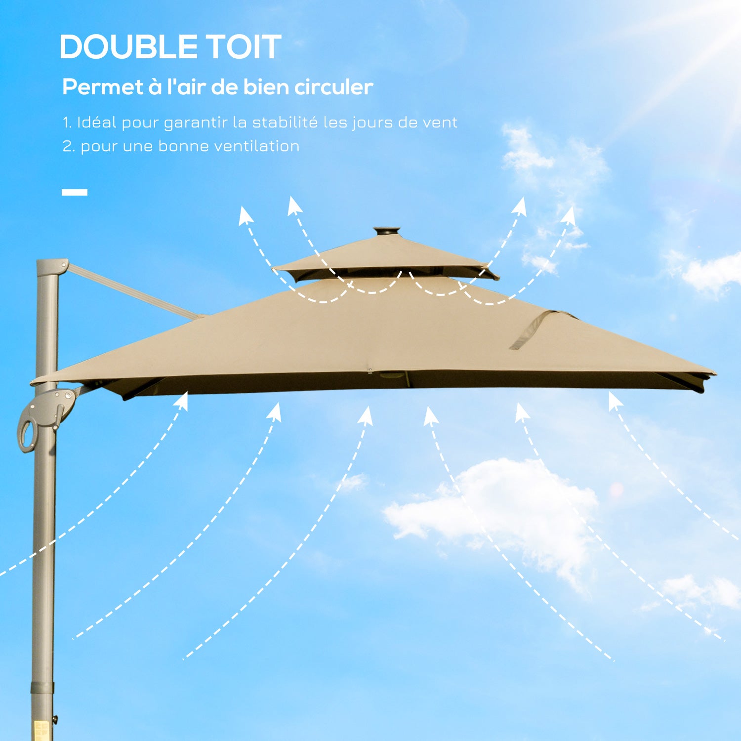Outsunny 3 x 3(m) Aluminium Sun Square Canopy Top w/ Adjustable Pole Angle Khaki