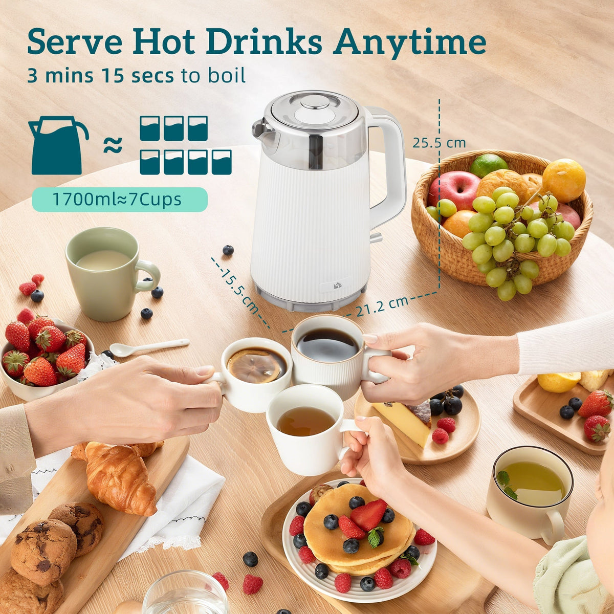 HOMCOM Electric Stainless Steel Kettle and Toaster Set, 3000W 1.7L UK Strix Thermostat Fast Boil Kettle w/ Limescale Filter, Cool Touch Body, 4 Slice Toaster with 7 Browning Levels, Crumb Tray, White