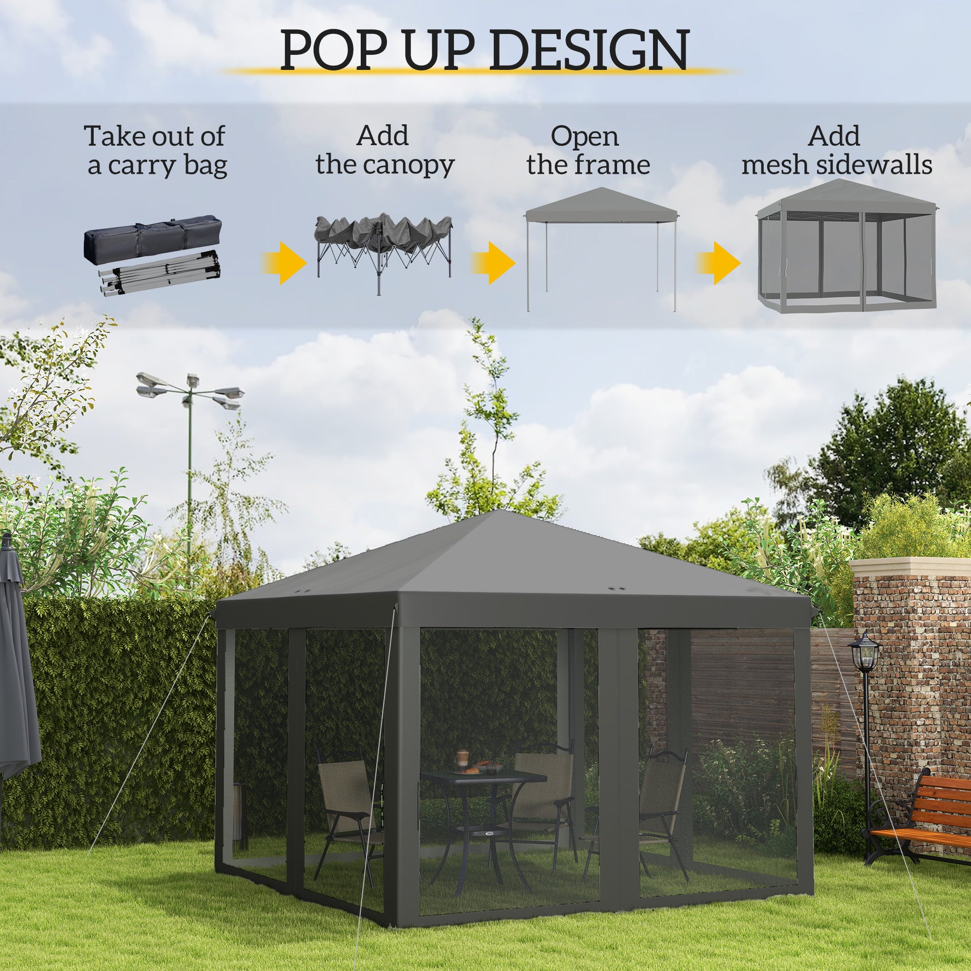 Outsunny 3 x 3√Ç m Pop Up Gazebo, 420D Garden Tent Canopy with Removable Mesh Sidewall Netting, Carry Bag for Garden Patio Outdoor, Light Grey