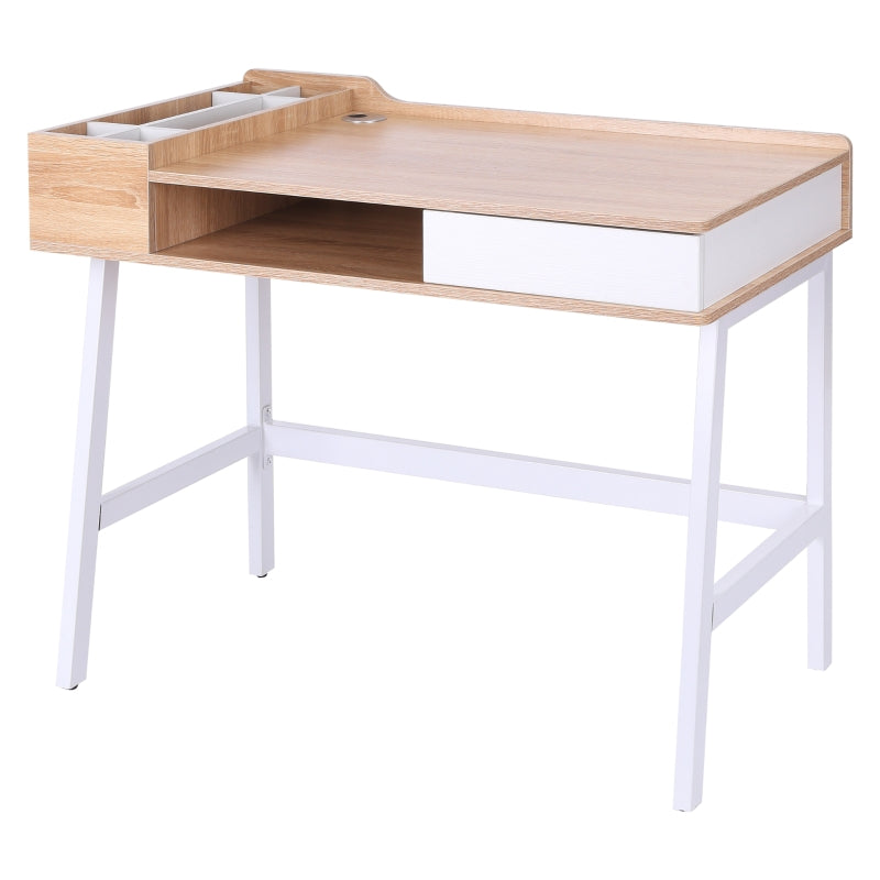 Computer Writing Desk Workstation with Drawer, Storage Compartments, Cable Management, Laptop Table Metal Frame Oak and White