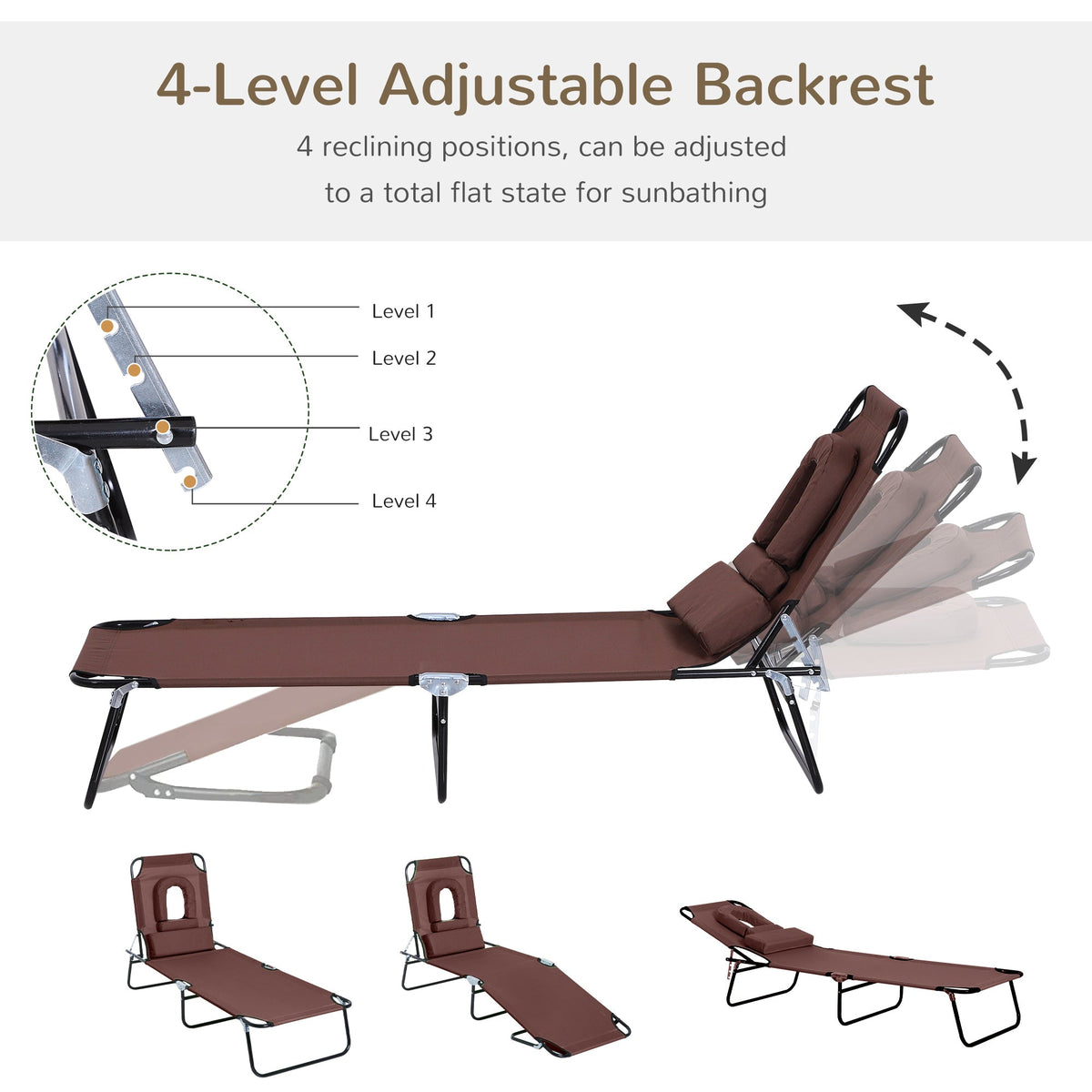 Outsunny Outdoor Folding Sun Lounger with Face Hole, 4 Level Adjustable Backrest Reclining Garden Lounger, Garden Recliner Sunbed with 600 D Oxford Cloth Seat and Pillow for Beach, Brown