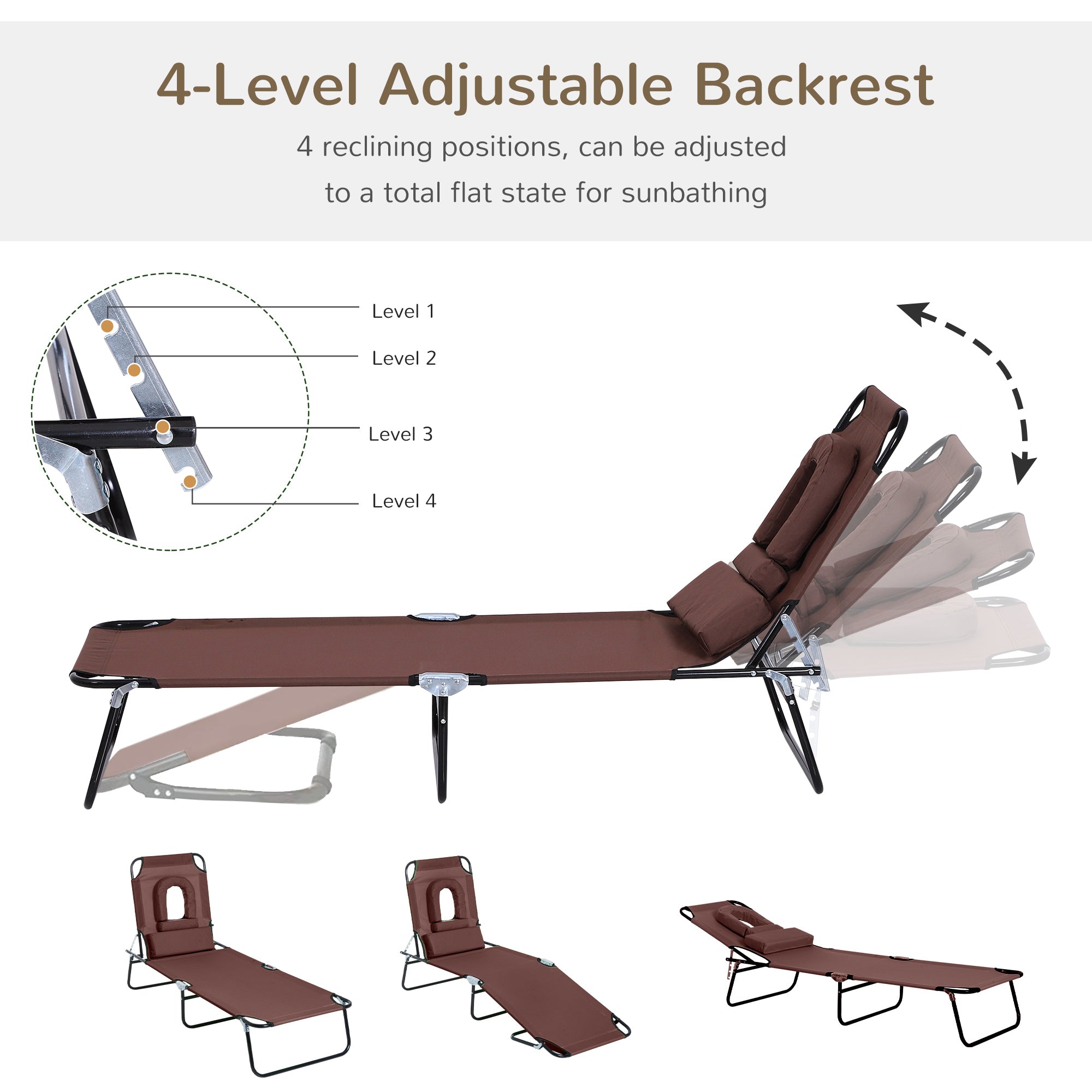 Outsunny Outdoor Folding Sun Lounger with Face Hole, 4 Level Adjustable Backrest Reclining Garden Lounger, Garden Recliner Sunbed with 600 D Oxford Cloth Seat and Pillow for Beach, Brown