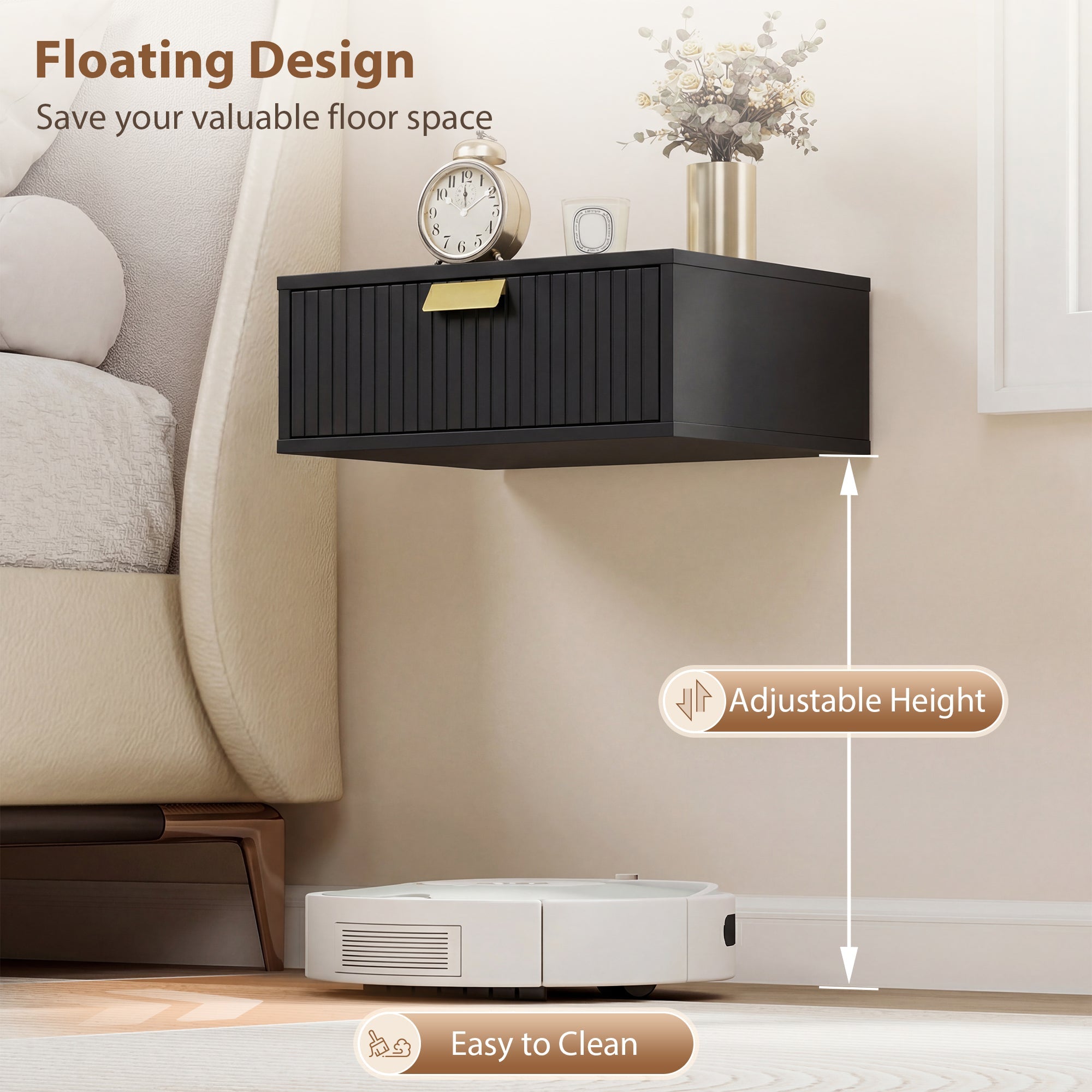 HOMCOM Modern Floating Nightstands Set of 2, Wall Mounted Bedside Tables with Wave Drawer Black