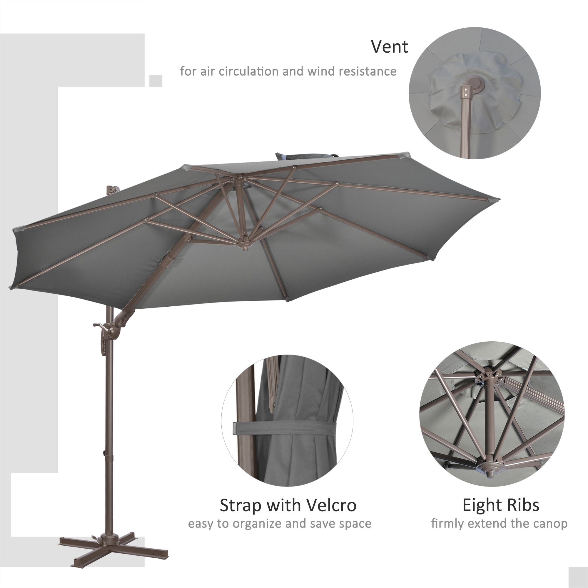 Outsunny 3(m) Cantilever Parasol 360√Ç¬∞ Rotation Roma Umbrella Hanging Sun Shade with Aluminium Frame, Tilt Crank, 8 Ribs and Cross Base, Dark Grey