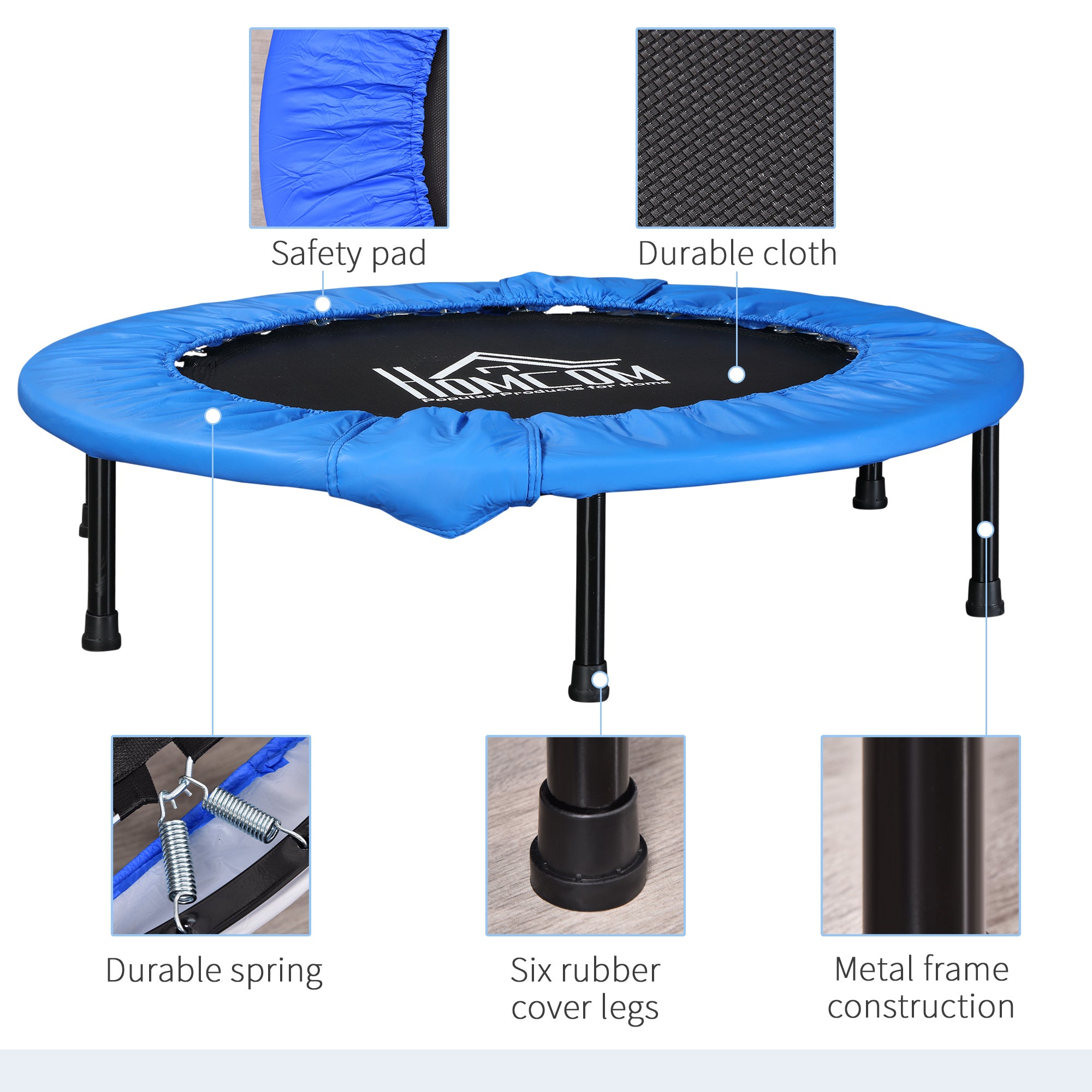 HOMCOM 101 Mini Fitness Trampoline Home Gym Yoga Exercise Rebounder Indoor Outdoor Jumper with Safety Pad, Support Up to 100 KG, Blue and Black