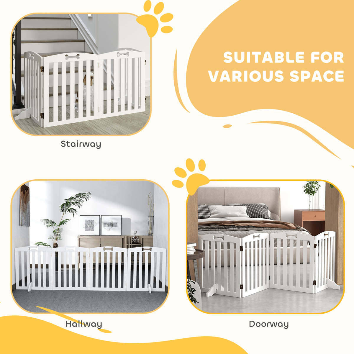 PawHut Wooden Dog Gate, Freestanding Pet Gate with Support Feet for Doorways, Hallways, Stairs, 207.5L x 61H cm, White