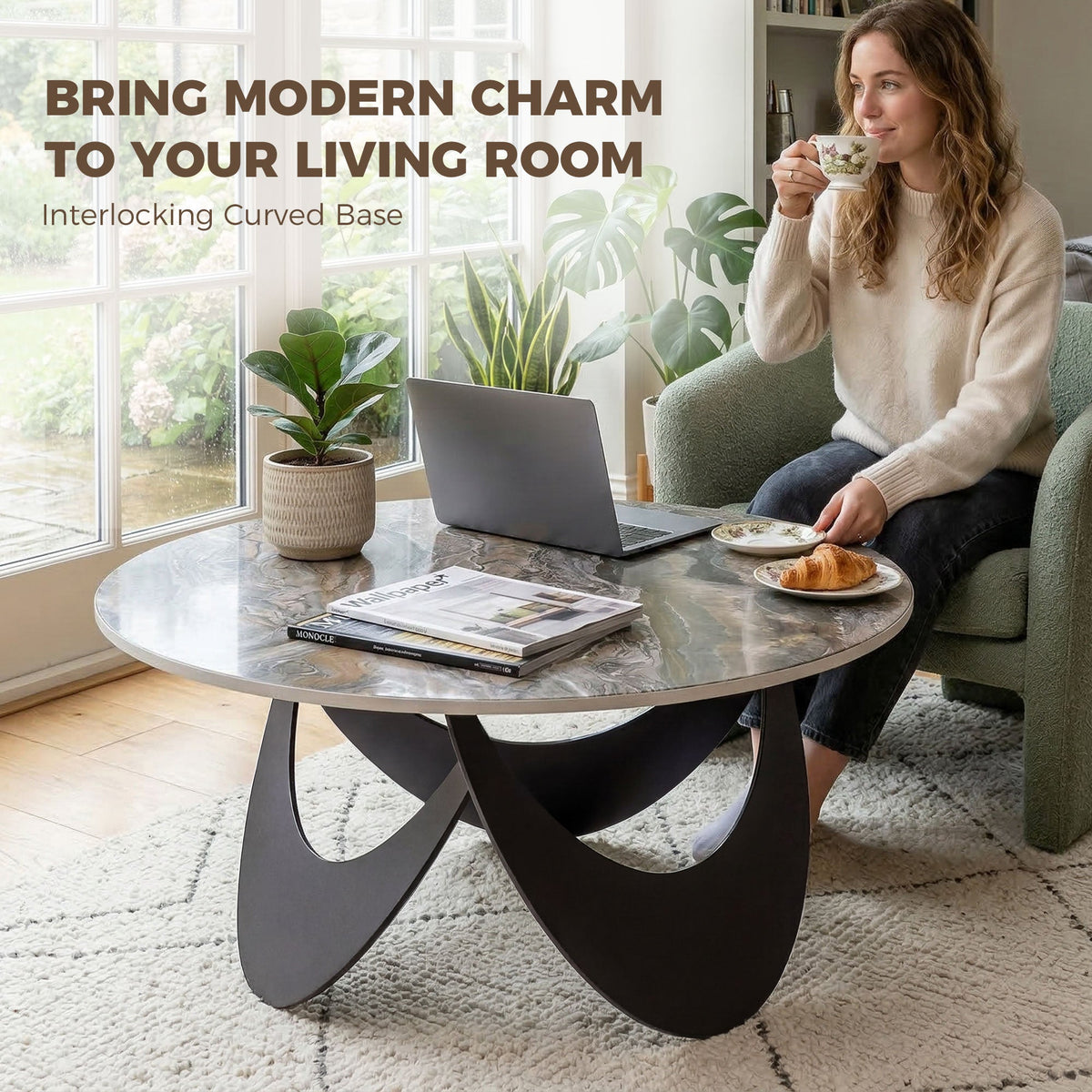 HOMCOM Coffee Table Sintered Stone Top Adjustable Foot Pads Modern Centre Table for Living Room Brown and Black