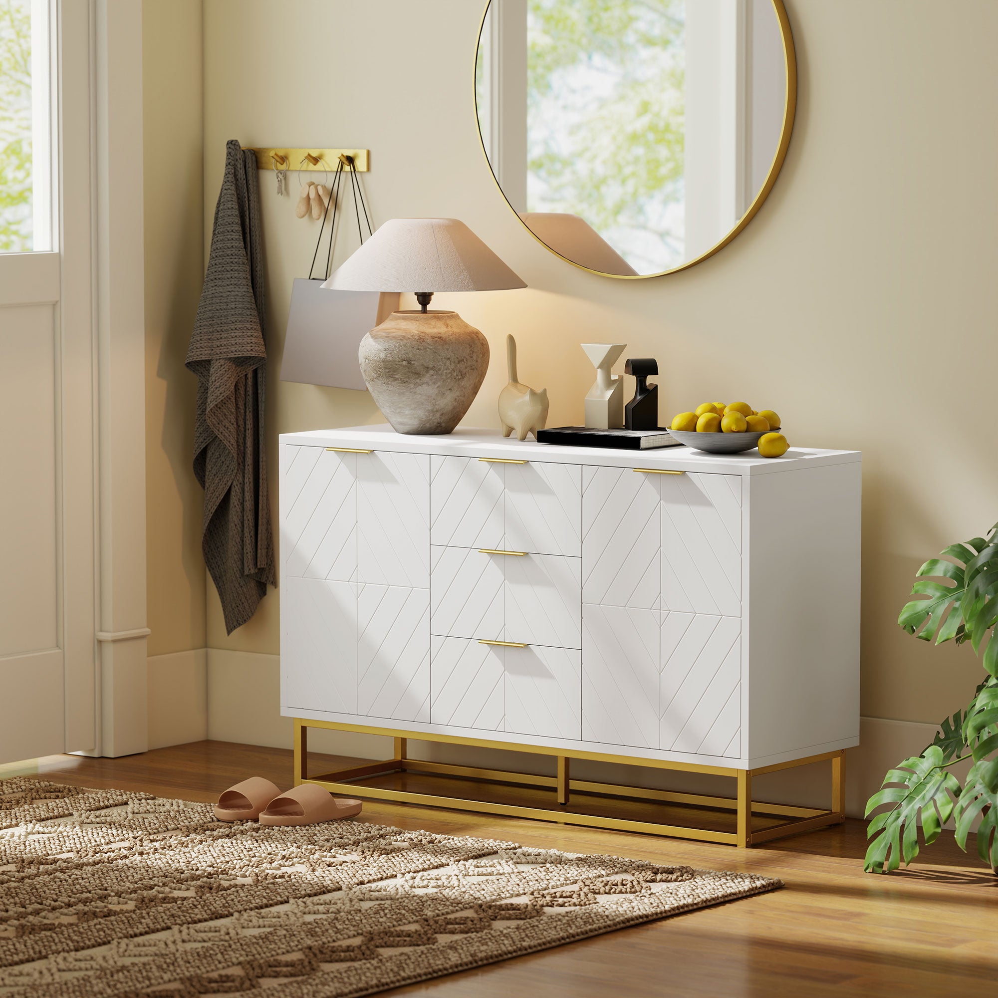 HOMCOM Sideboard with 3 Drawers and Adjustable Shelves for Living Room - White