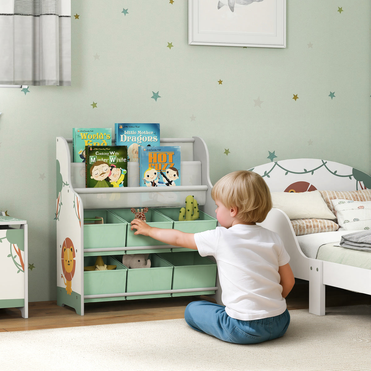 AIYAPLAY Kids Storage Unit, Toy Organiser with 6 Fabric Drawers and 2-Tier Sling Book Rack for Bedroom, Playroom, Nursery, Green