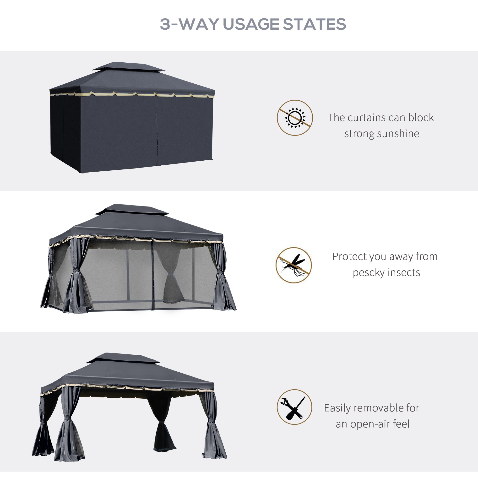Outsunny 3 x 4m Aluminium GardenÂ Gazebo, Marquee Canopy Shelter Pavilion Party Tent with Nets and Curtains for Garden and Deck, Black