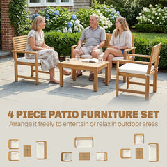 Outsunny 4 Seater Wooden Garden Furniture Set with Loveseat, Armchairs, Table, Acacia Wood Garden Sofa Set, Cream White