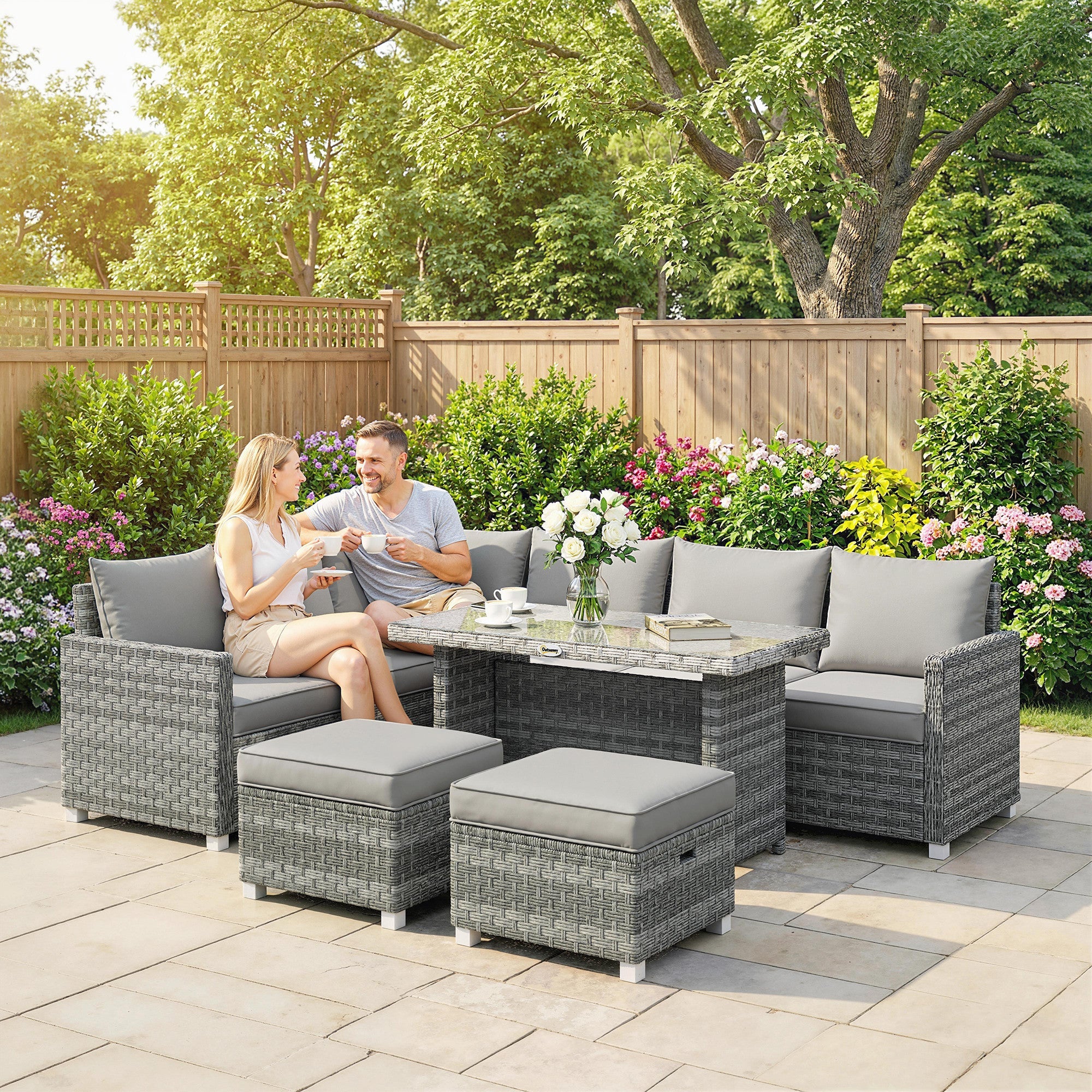 Outsunny 6 Seater Rattan Garden Furniture Set with 3 Sofas, 2 Footstools, Table, Patio Rattan Furniture Sofa Sets, Grey