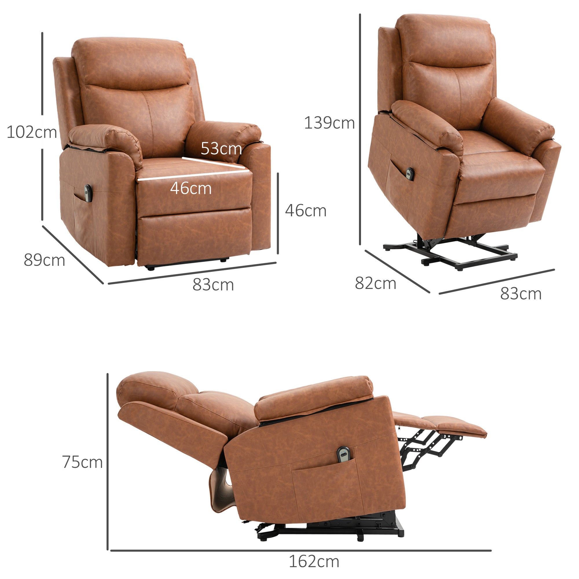 HOMCOM Faux Leather 70√Ç¬∞ Electric Riser Recliner Chair - Brown