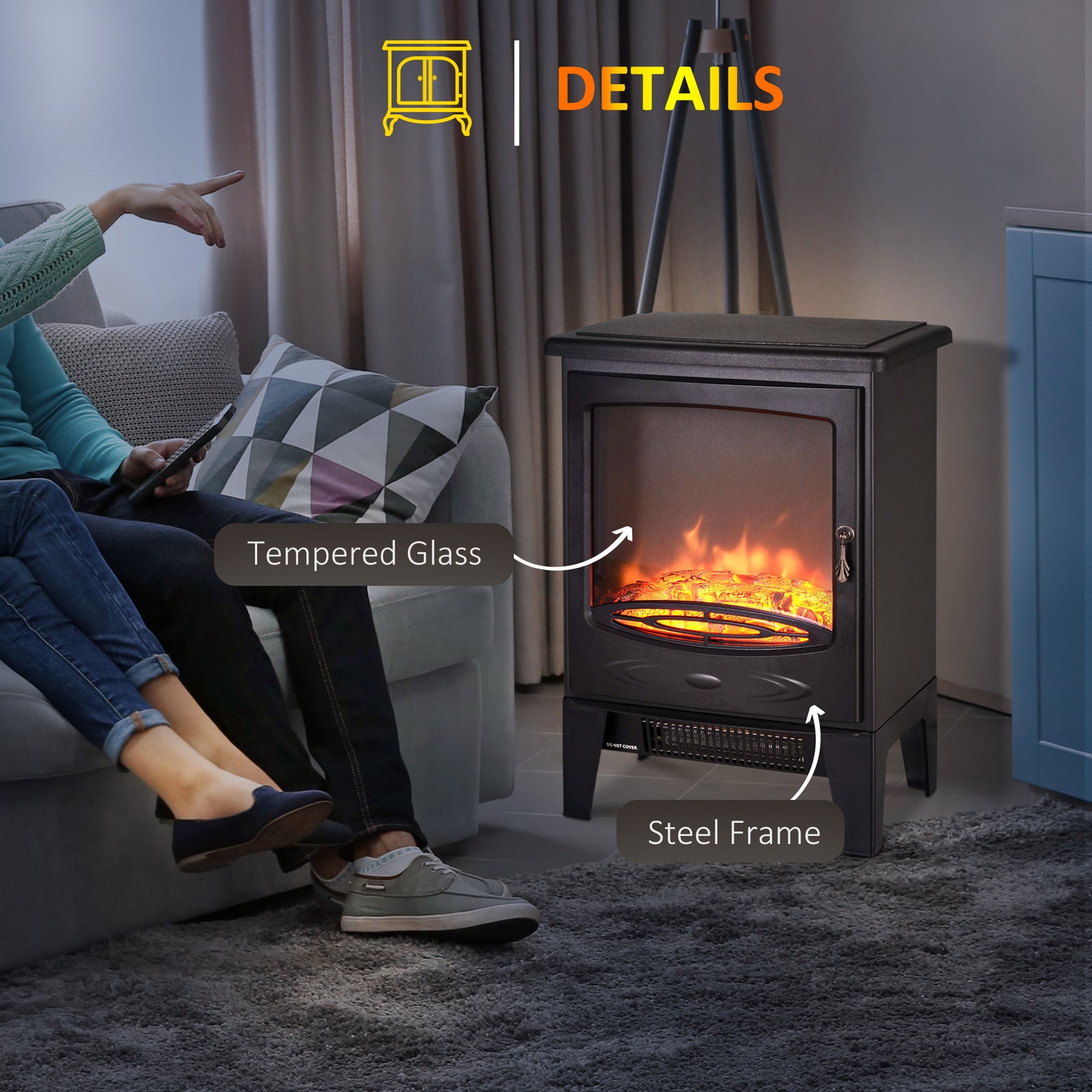 HOMCOM Tempered Glass Casing Electric Fireplace, Freestanding Electric Fire with Realistic Flame Effect, Log Burner with Overheat Protection, 1000w/ 2000W, Black