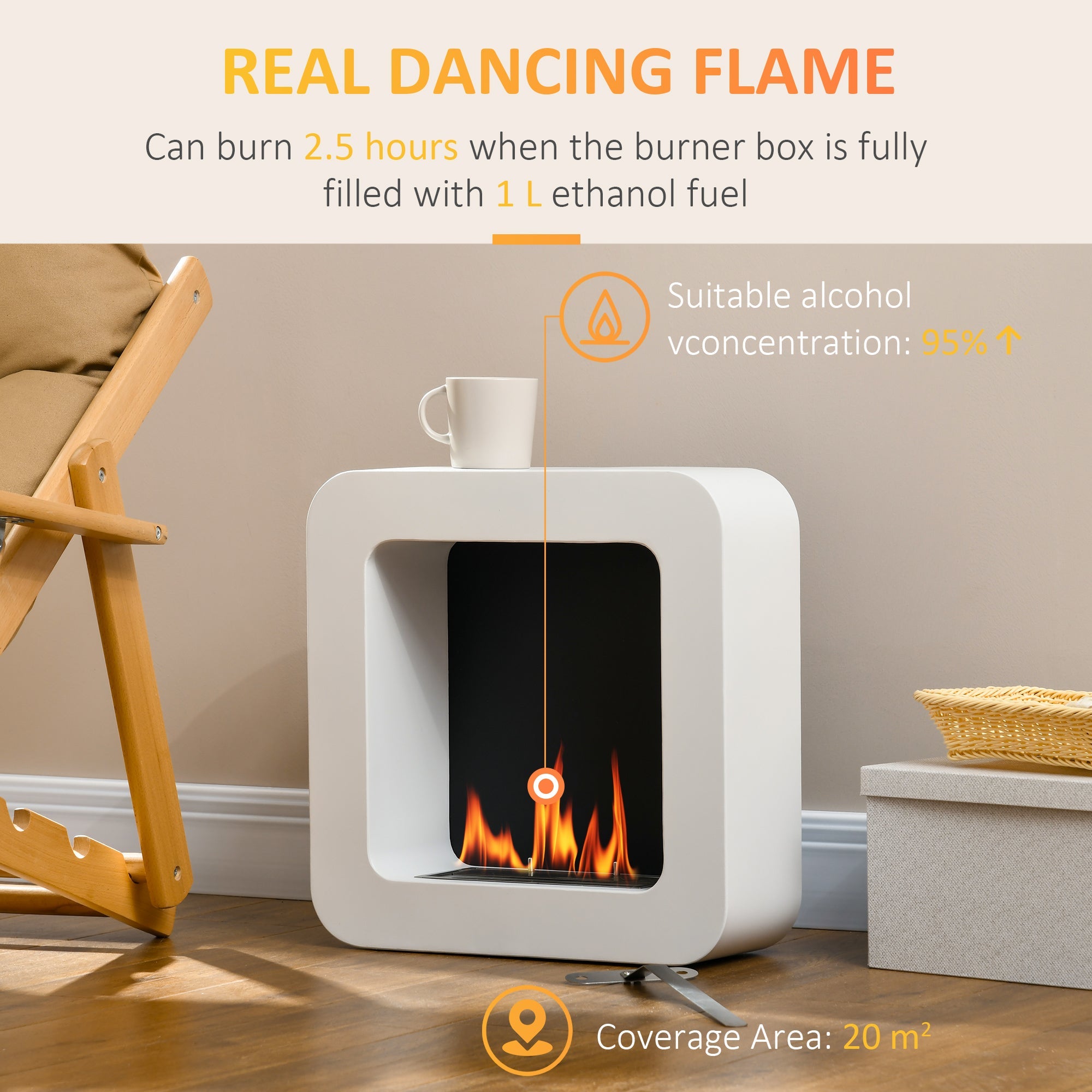HOMCOM Wall Mounted Ethanol Fireplace, Bioethanol Heater Stove Fire with 1L Tank, 2.5 Hour Burning Time, 48 x 48 cm, White