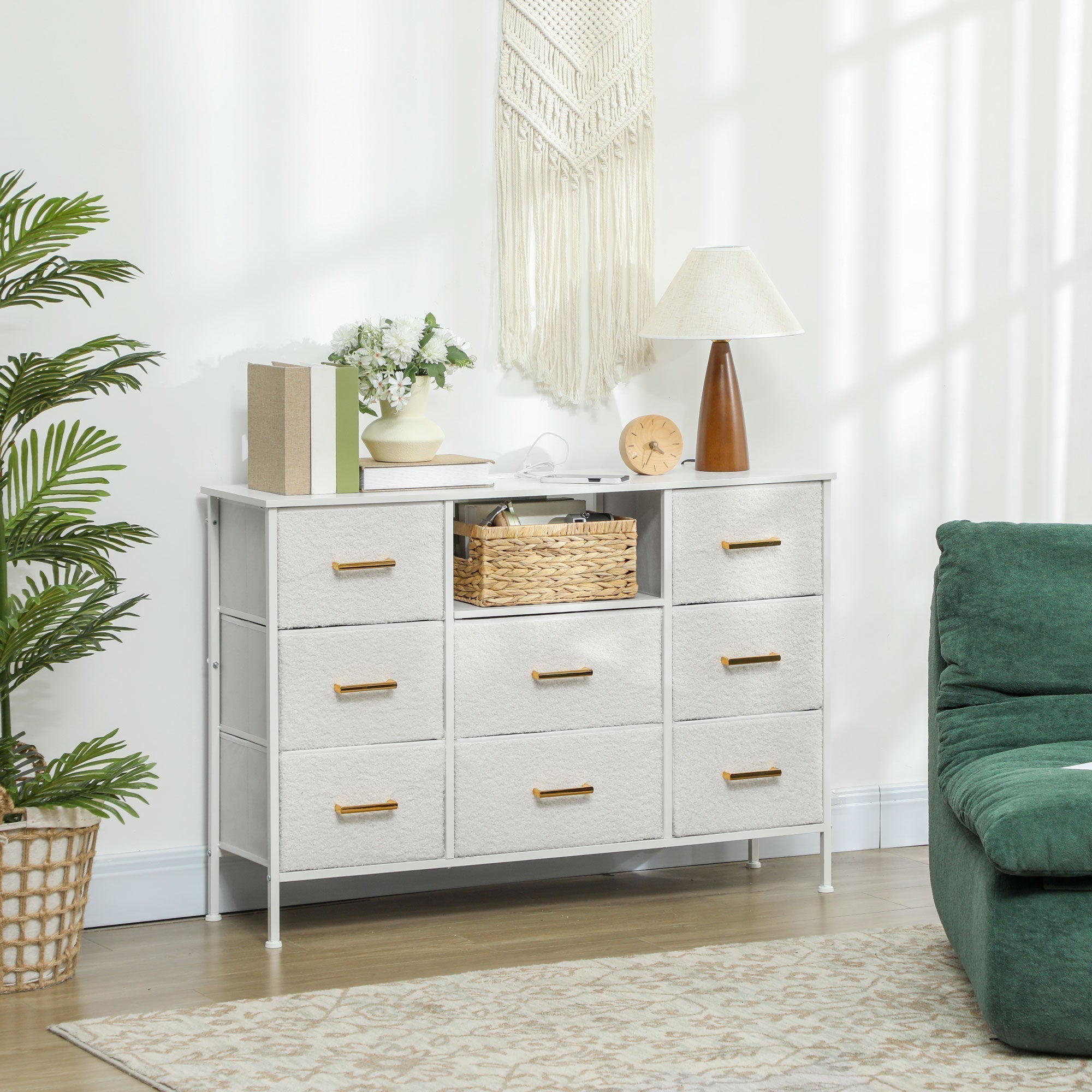 HOMCOM Boucle Chest of Drawers, 8 Fabric Drawers Storage Organiser with Charging Station, 2 USB and 2 AC Ports, Steel Frame, Fabric Dresser for Living Room, Bedroom, Hallway, Cream White