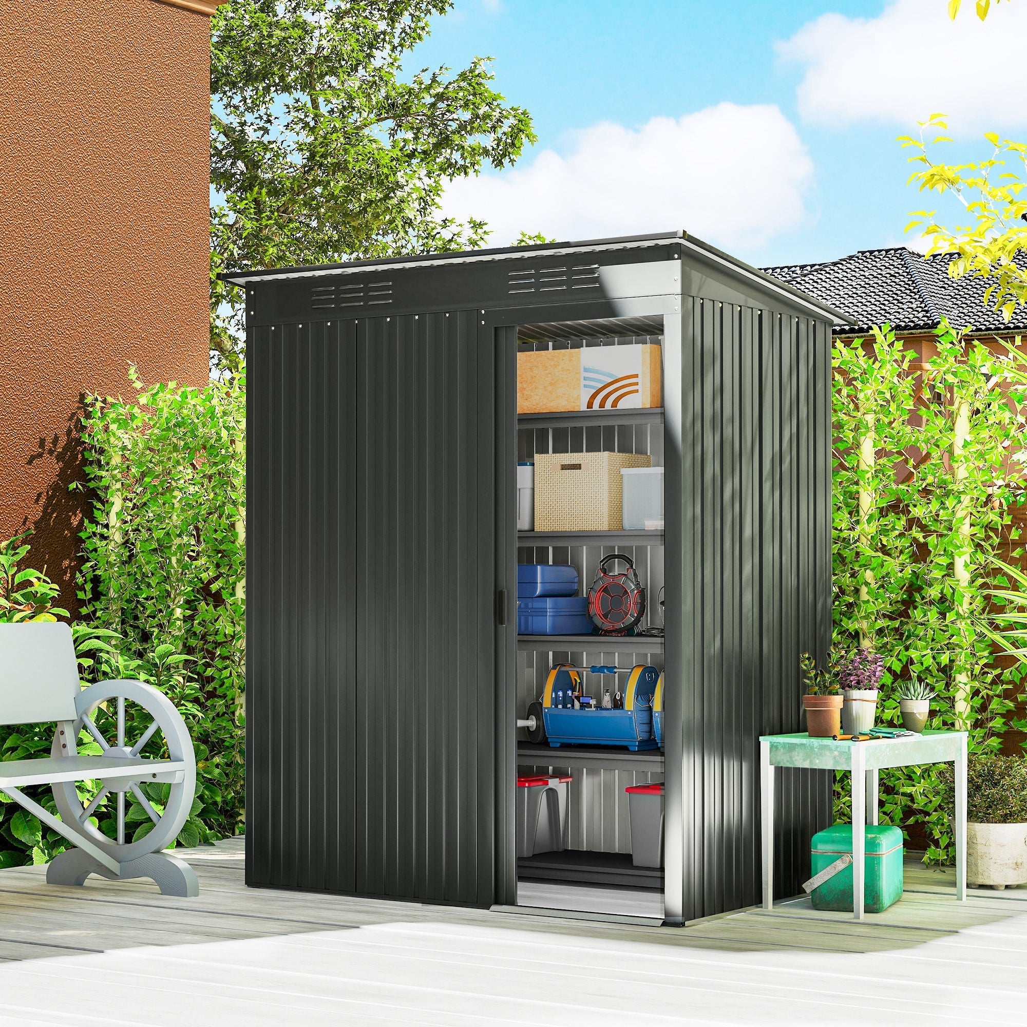 Outsunny 5 x 3.5ft Metal Garden Storage Shed with Effortless Assembly and 2 Pairs of Gloves, Waterproof Outdoor Shed, Dark Grey