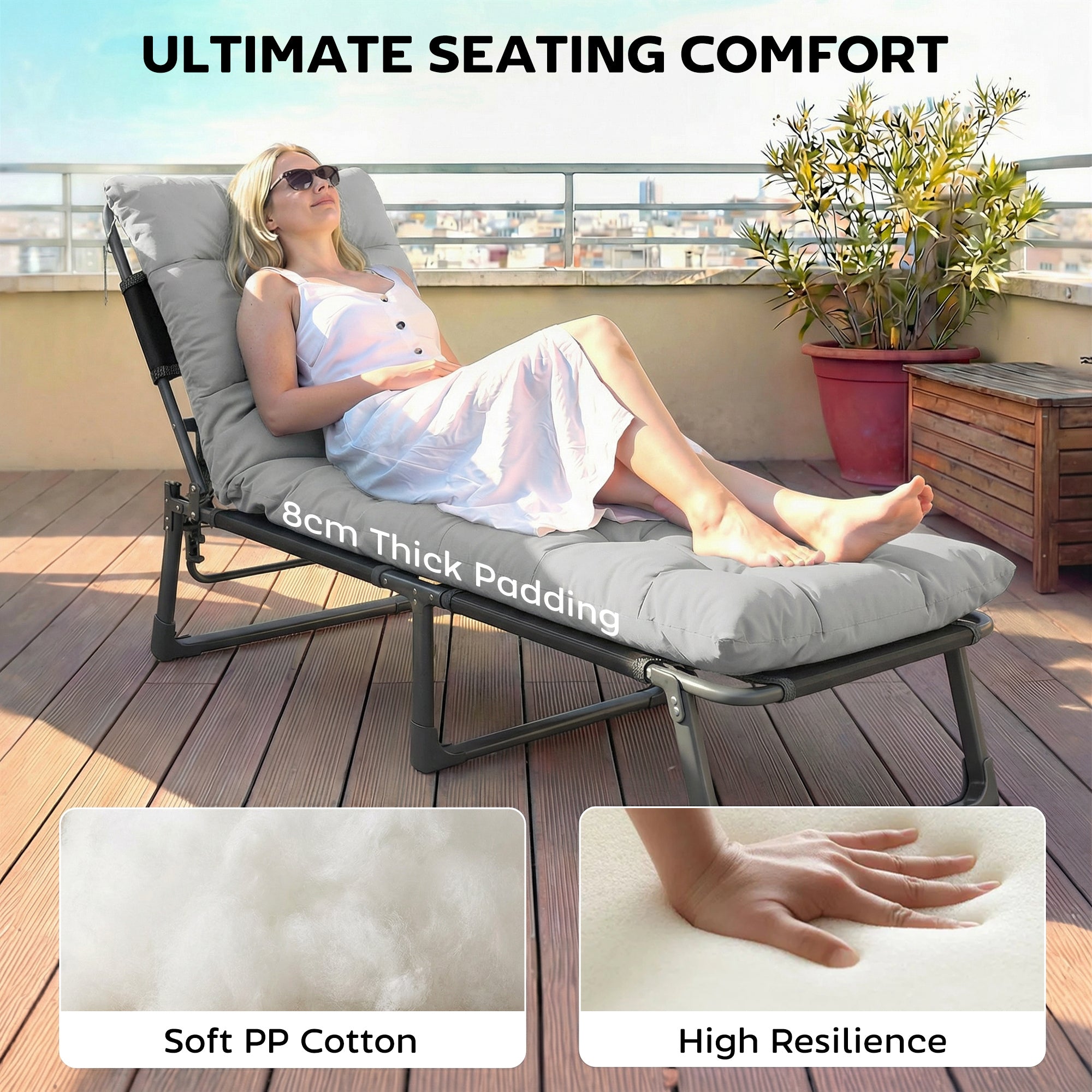 Outsunny Sun Lounger Cushions Only, Garden Lounge Chair Cushions Set of 2, Sunbed Replacement Pads with 4 Ties, Light Grey