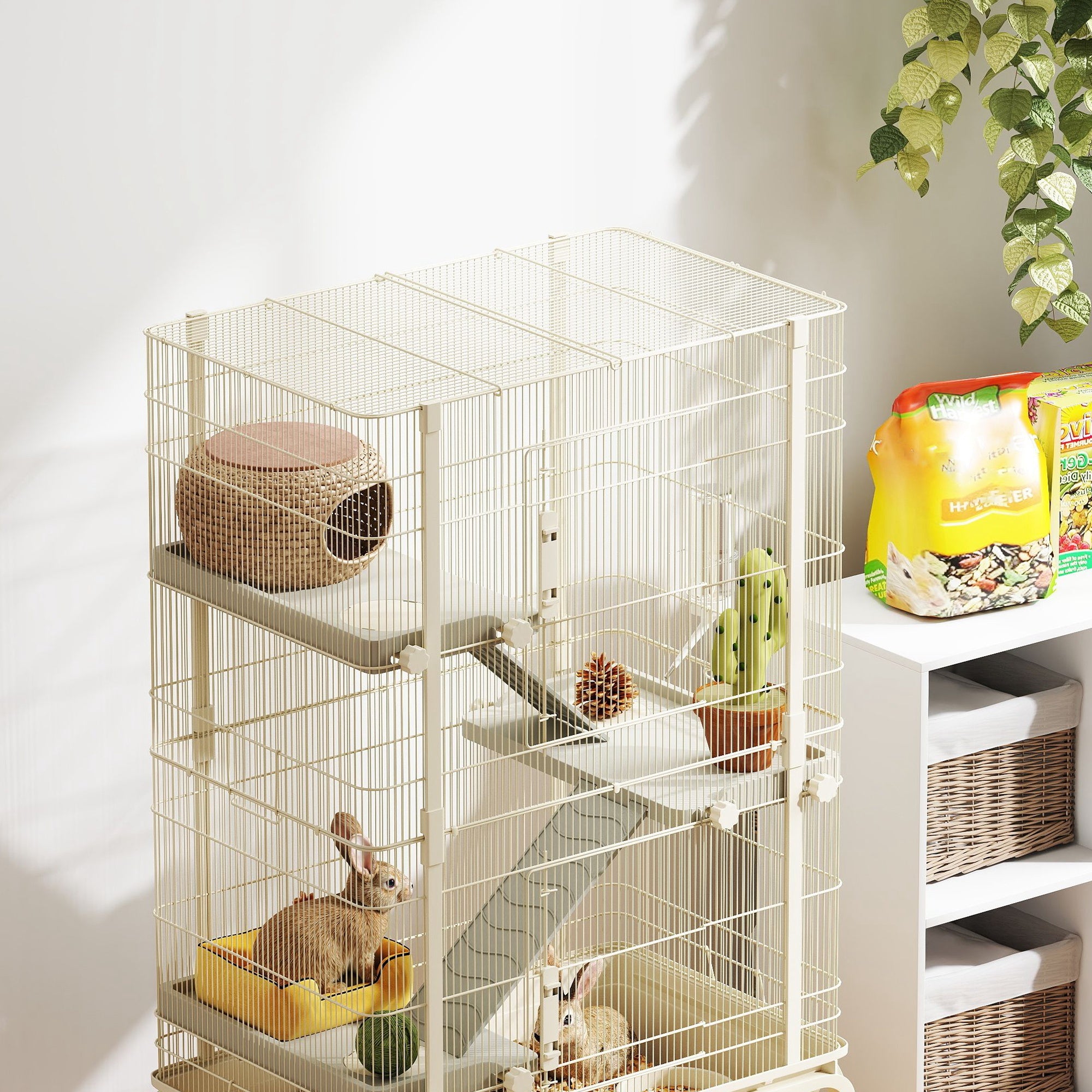 PawHut 4-Level Rolling Small Animal Cage, Rabbit Cage with 3 Ramps, Water Bottle, Food Dish, 15cm Deep Tray, Beige