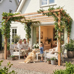 Outsunny 3 x 3 m Wooden Pergola Kit, Garden Pergola Gazebo Grape Trellis with Triangle Supports, 5 Beams, Maple Wood-effect