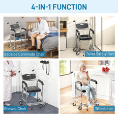 HOMCOM Transport Beside Shower Chair, 3-in-1 Commode Chair with Wheels and Padded Seat, Black