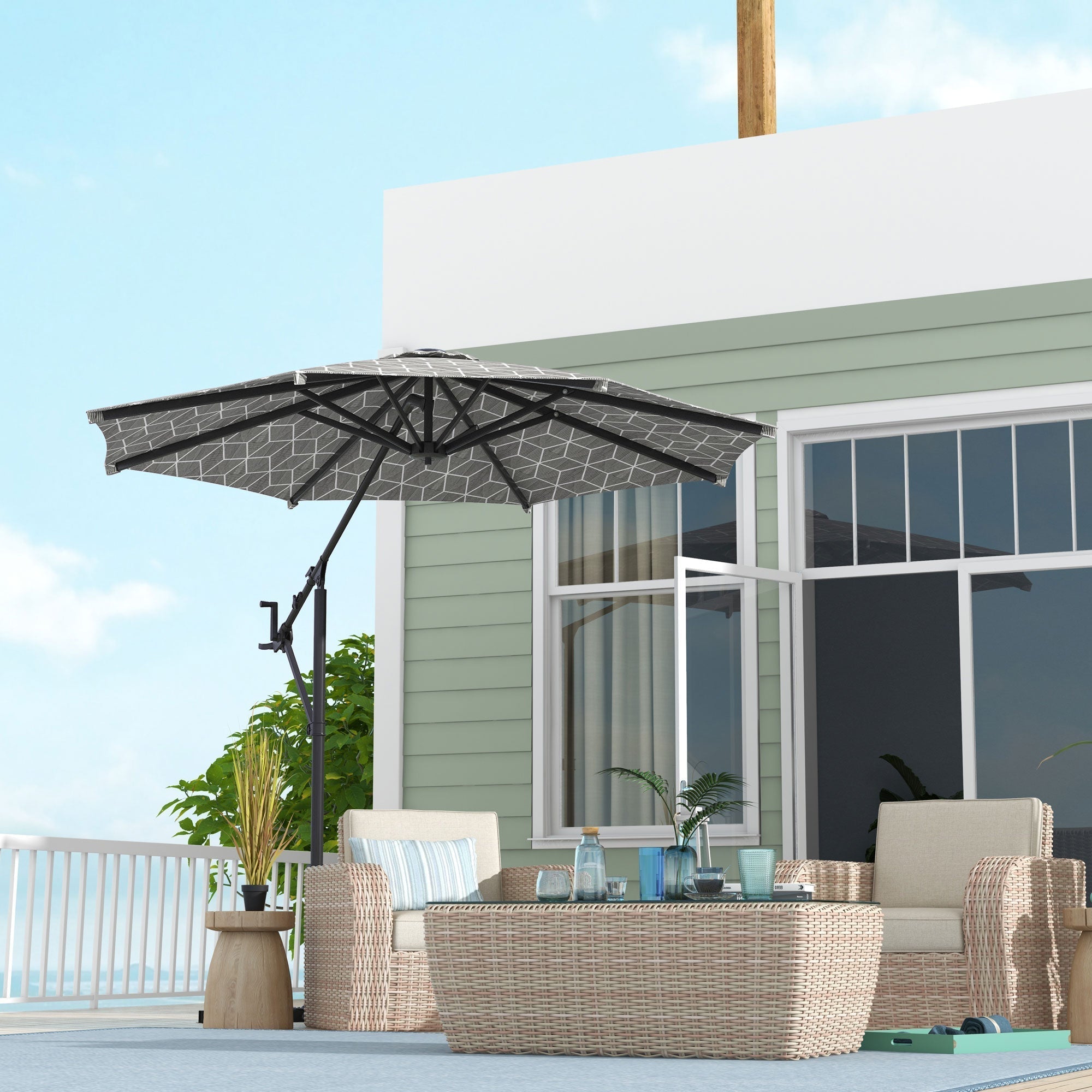 Outsunny 3(m) Convertible Cantilever Parasol and Centre-post Garden Parasol with Cross Base, 360  Rotation Banana Parasol with Crank Handle and 8 Ribs, Hanging Patio Umbrella, Black and White