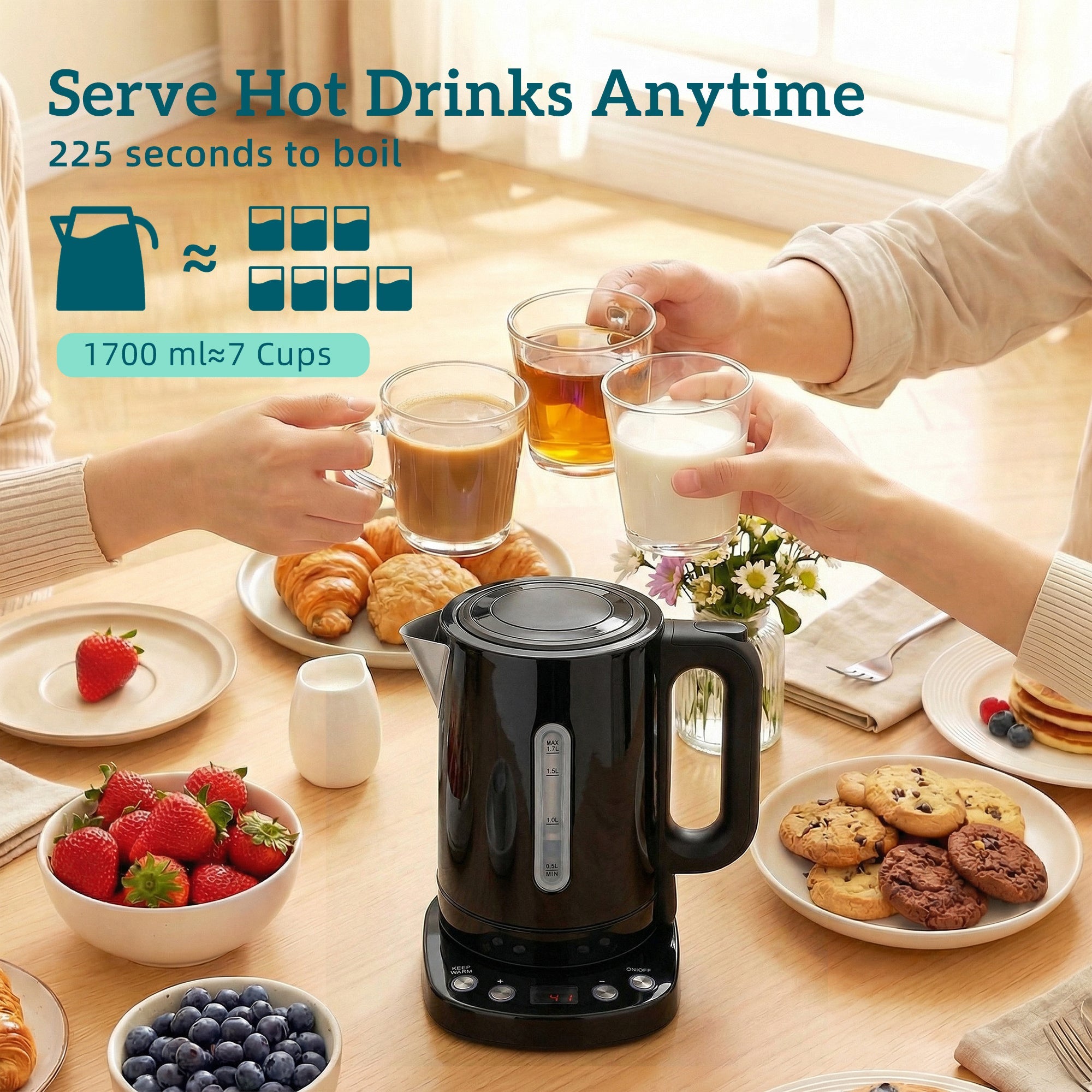HOMCOM Electric Kettle, 1.7L, Fast Boil, 3kW Water Kettle with UK Strix Thermostat, Keep Warm Function, LCD Base, Black