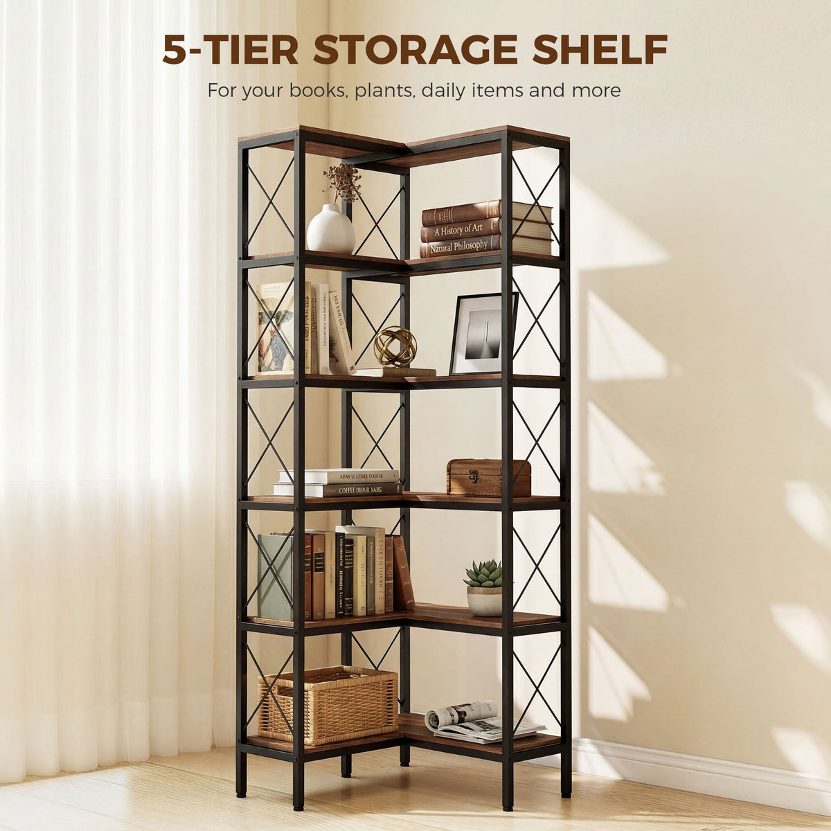 HOMCOM 5-Tier L-Shaped Bookshelf, Freestanding Corner Bookcase with Metal Frame, Rustic Brown