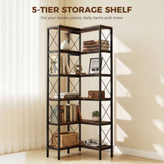 HOMCOM 5-Tier L-Shaped Bookshelf, Freestanding Corner Bookcase with Metal Frame, Rustic Brown